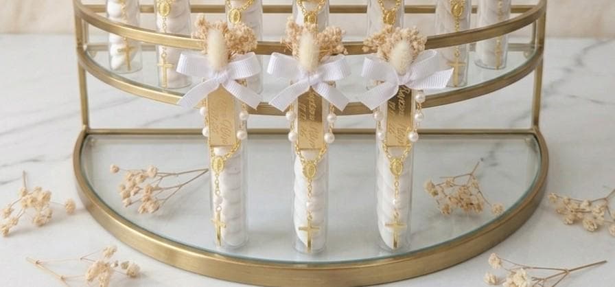 Cadeau Invité Baptême Personnalisé – Tube à Essai Dragées avec Fleurs Séchées et Mini Chapelet Doré – Souvenir Baptême Bohème Chic - image 4