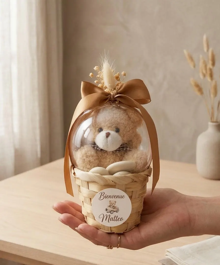 Cadeaux Baptême Ours en Peluche Personnalisé, Boîte Cadeau Panier en Osier avec Dôme, Faveur Invités Naissance Fête Prénatale Rustique Chic