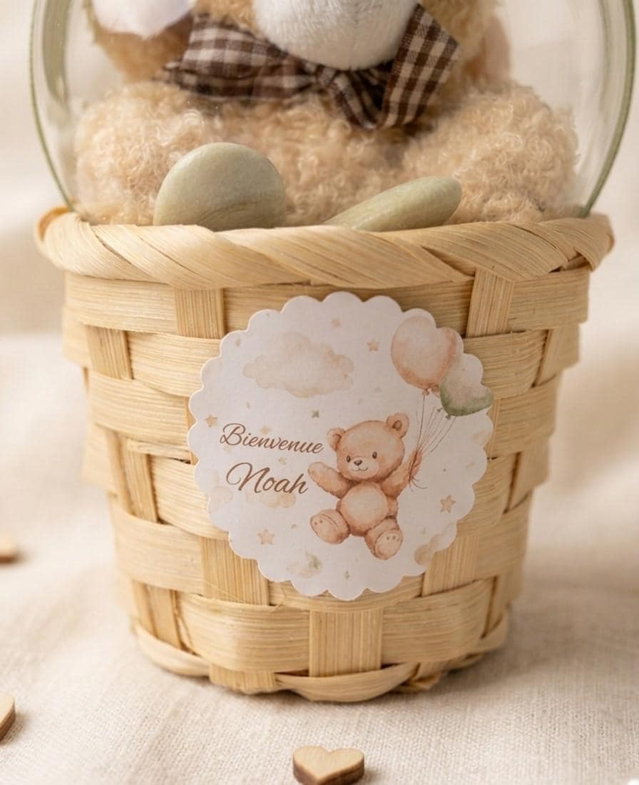 Cadeaux Baptême Ours en Peluche Personnalisé, Boîte Cadeau Panier en Osier avec Dôme, Faveur Invités Naissance Fête Prénatale Rustique Chic - image 3