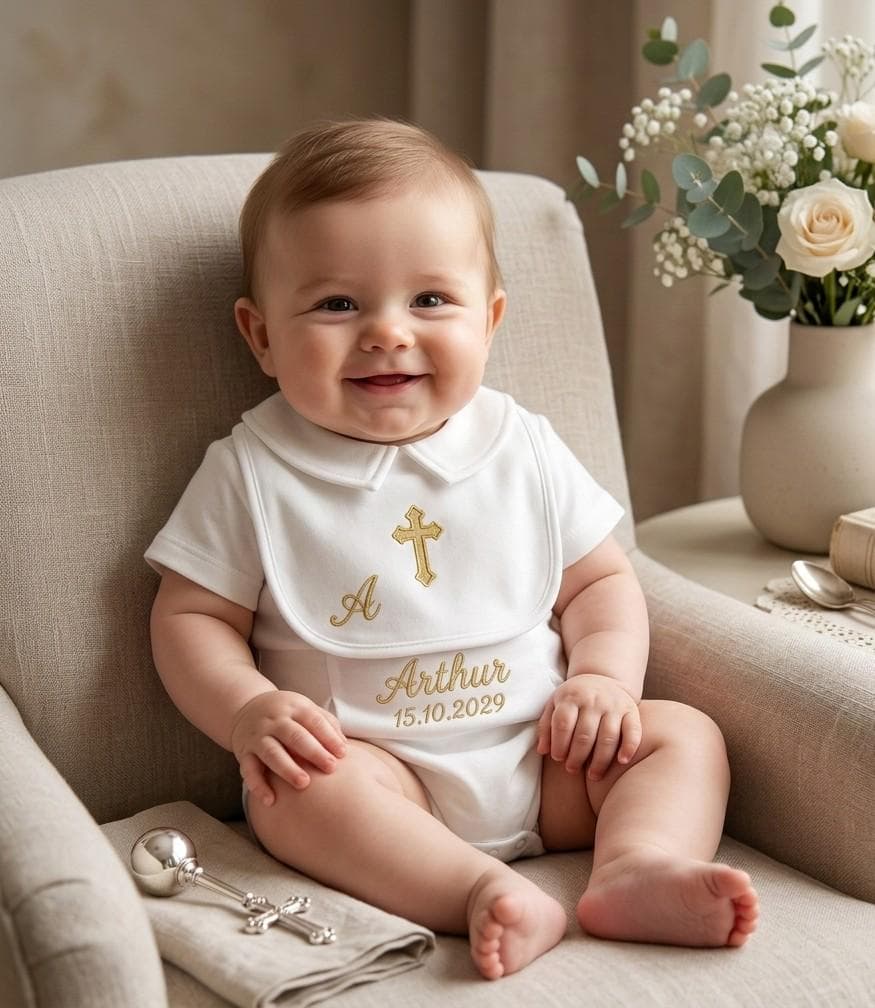 Tenue de Baptême Personnalisée Bébé Garçon | Barboteuse Blanche et Bavoir Brodés Or | Cadeau de Naissance, Parrain Marraine | Cérémonie - image 3