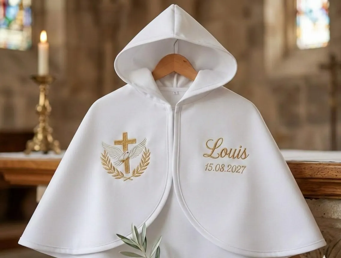 Cape de Baptême Personnalisée pour Bébé avec Capuche, cap brodé ( couture ) Tenue de Cérémonie, souvenir de bapt - image 5