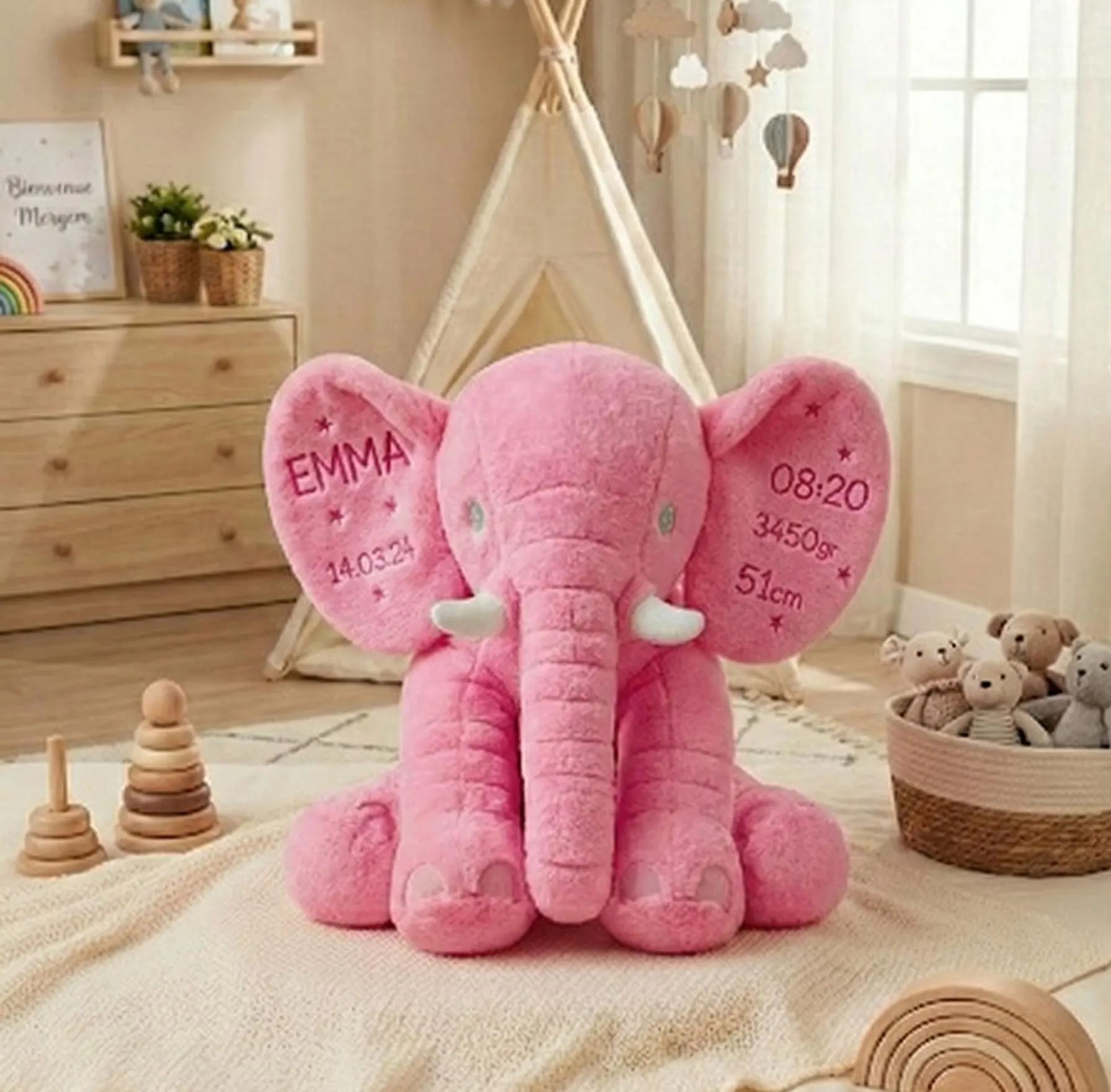 Peluche Éléphant Personnalisée-Cadeau Naissance Bébé Coussin Géant avec Prénom et Date-Doudou Souvenir de Naissance - éléphant rose gris ble - image 2