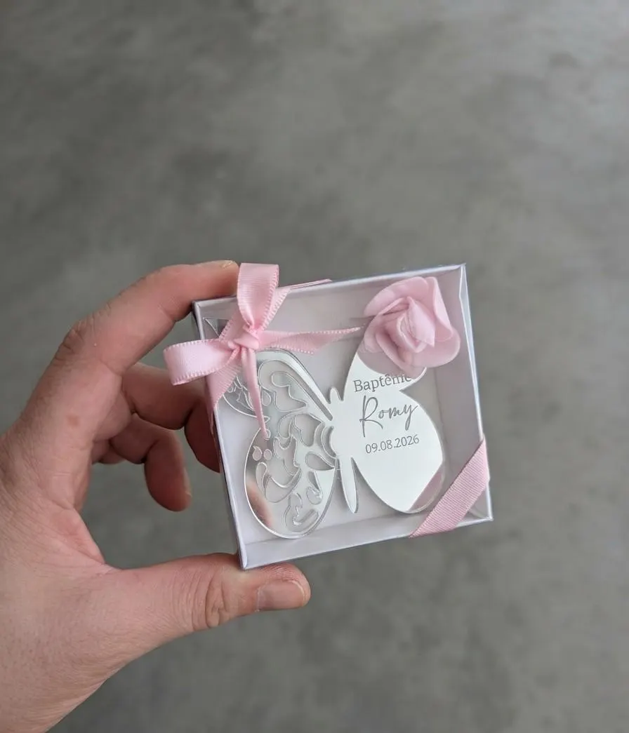 Boîte à dragées personnalisée Papillon | Cadeau invité Baptême, Communion, Naissance, Mariage | Faveur avec ruban et fleur personnalisable