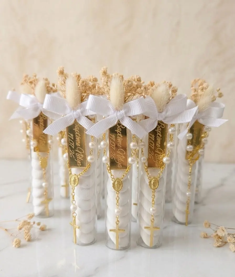 Cadeau Invité Baptême Personnalisé – Tube à Essai Dragées avec Fleurs Séchées et Mini Chapelet Doré – Souvenir Baptême Bohème Chic - image 5