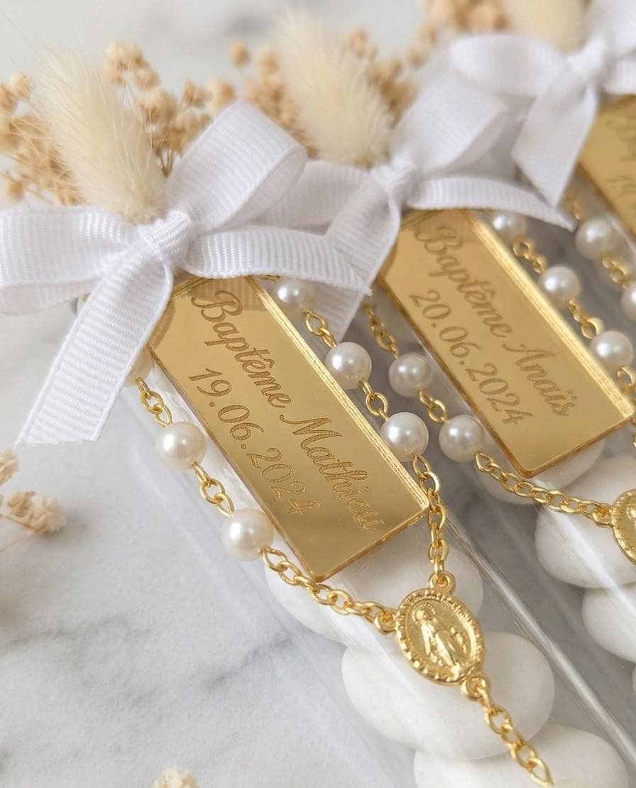 Cadeau Invité Baptême Personnalisé – Tube à Essai Dragées avec Fleurs Séchées et Mini Chapelet Doré – Souvenir Baptême Bohème Chic - image 3