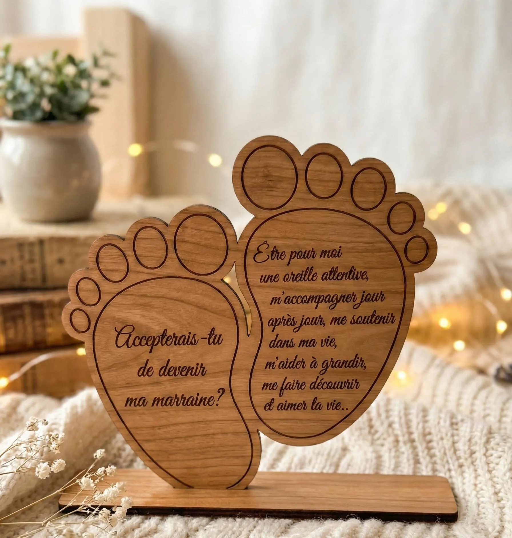 Demande Parrain Marraine Originale - Plaque Pieds de Bébé en Bois Gravé. Annonce Grossesse Émouvante, Cadeau Futur parents - image 2