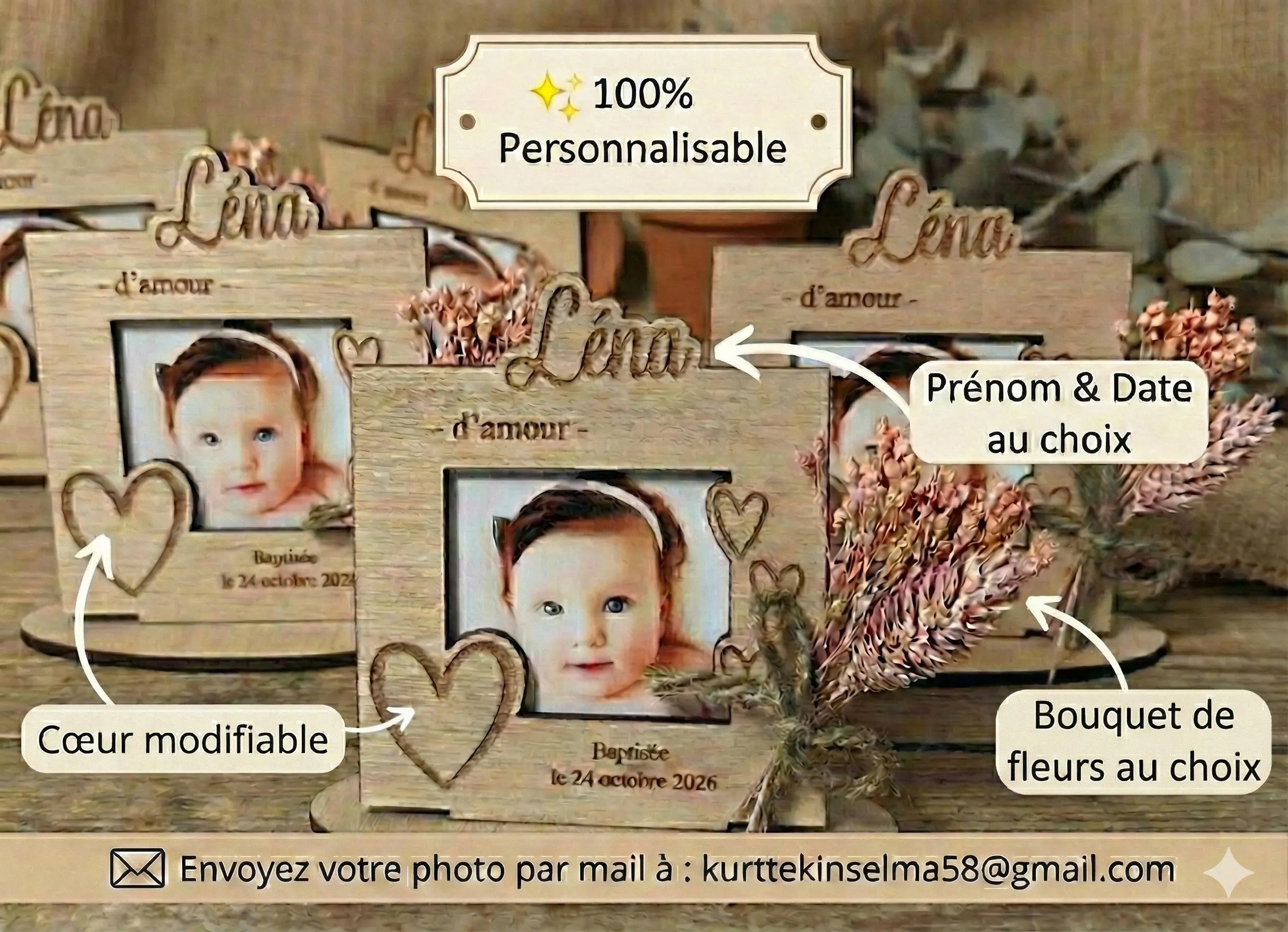Cadre Photo Baptême Personnalisé en Bois - Cadeau Invité Baptême Champêtre avec Fleurs Séchées - Souvenir Baptême - Prénom et Date au Choix - image 3