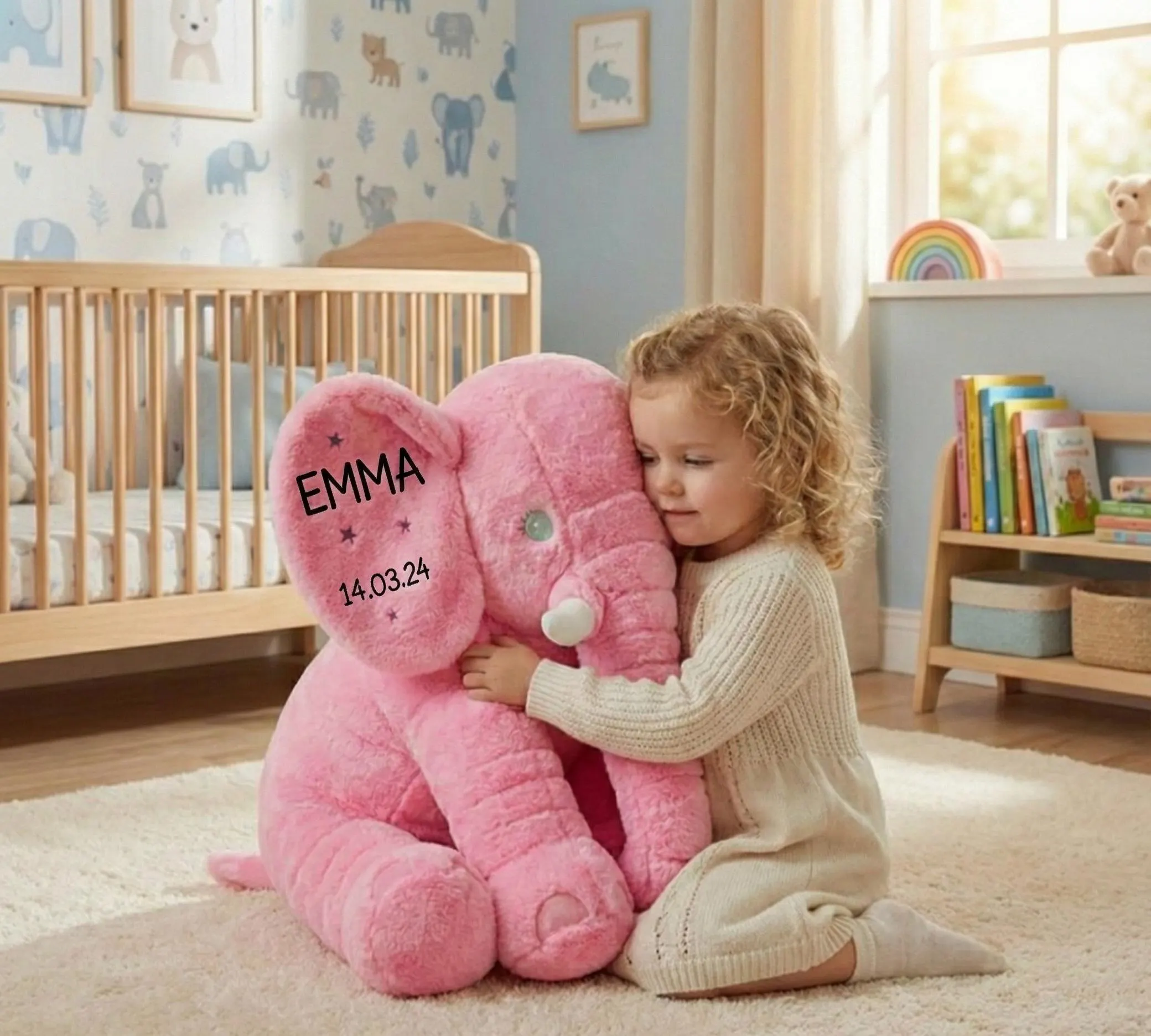 Peluche Éléphant Personnalisée-Cadeau Naissance Bébé Coussin Géant avec Prénom et Date-Doudou Souvenir de Naissance - éléphant rose gris ble