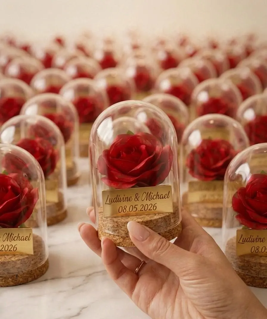 Cloche avec fleur et plaque plexiglas gravé au laser, pour fiançailles ou mariage,Souvenir original et unique pour le jour J