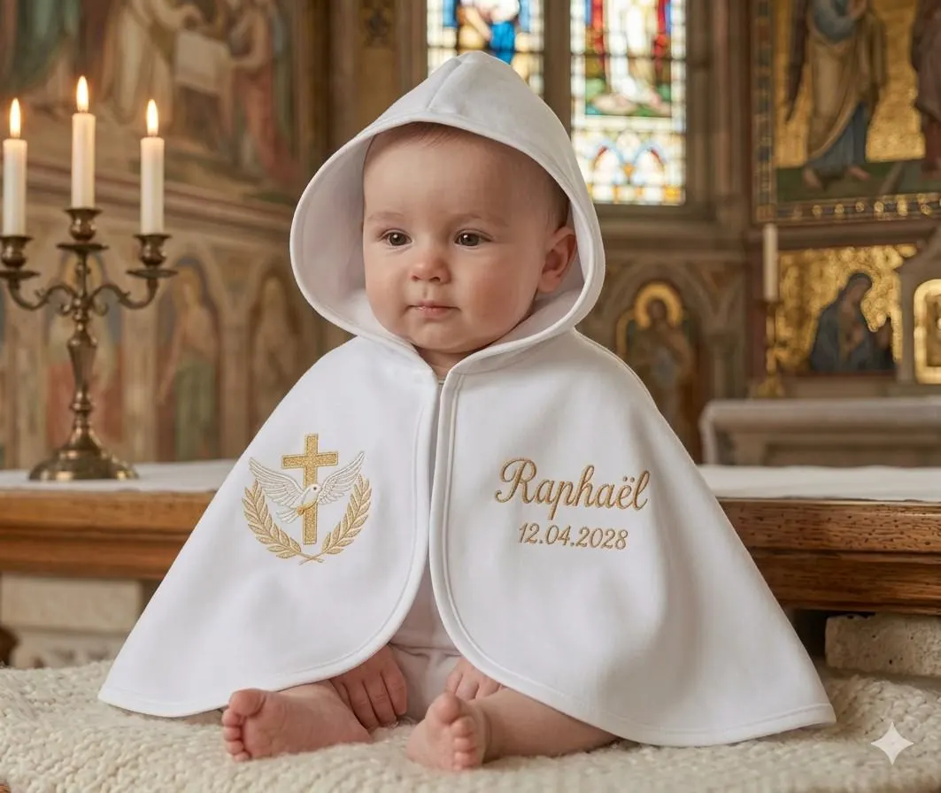 Cape de Baptême Personnalisée pour Bébé avec Capuche, cap brodé ( couture ) Tenue de Cérémonie, souvenir de bapt