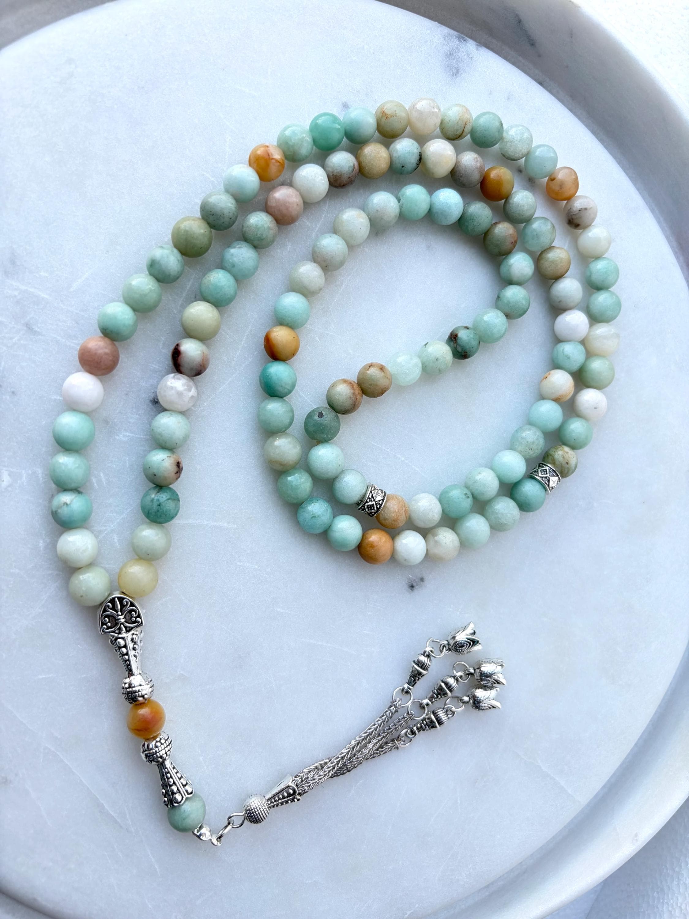 Amazonite Gemstone Tasbih 99 and 33 Beads | Natural Healing Stone Prayer Beads | 8mm Handcrafted Misbaha with Silver Tassels