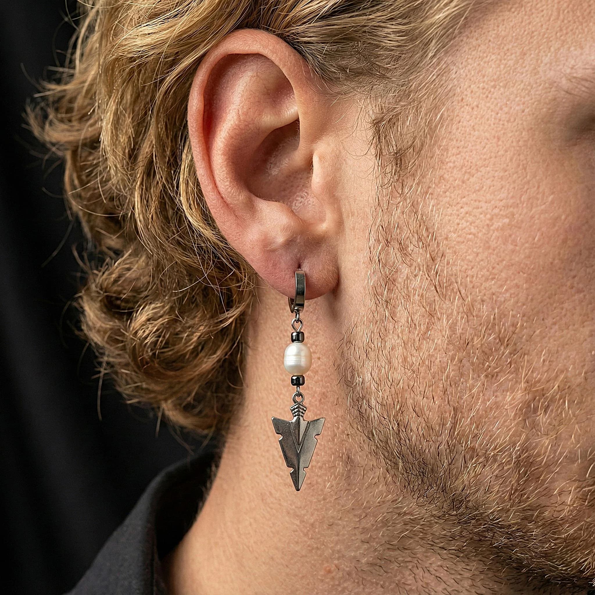 Mens Dangle Earring Arrowhead, Real Pearl Hoop, Viking Jewelry Men, Stainless Steel Drop, Hematite Bead, Boho Tribal Gift, Minimalist Modern