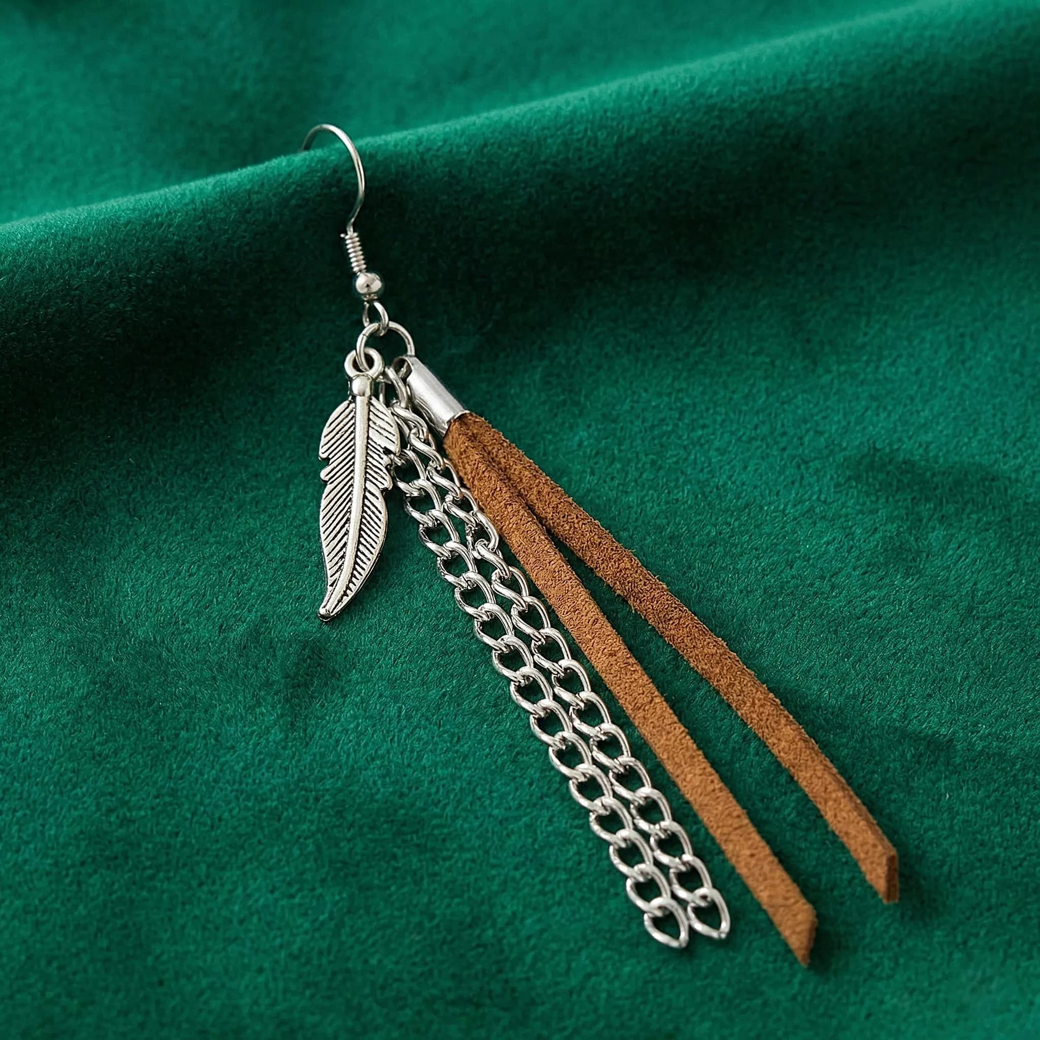Unique Gift for Boyfriend Cool Earrings for Guys Mens Boho Jewelry Hanging Dangle Silver Chain Feather Charm Handmade Birthday Present