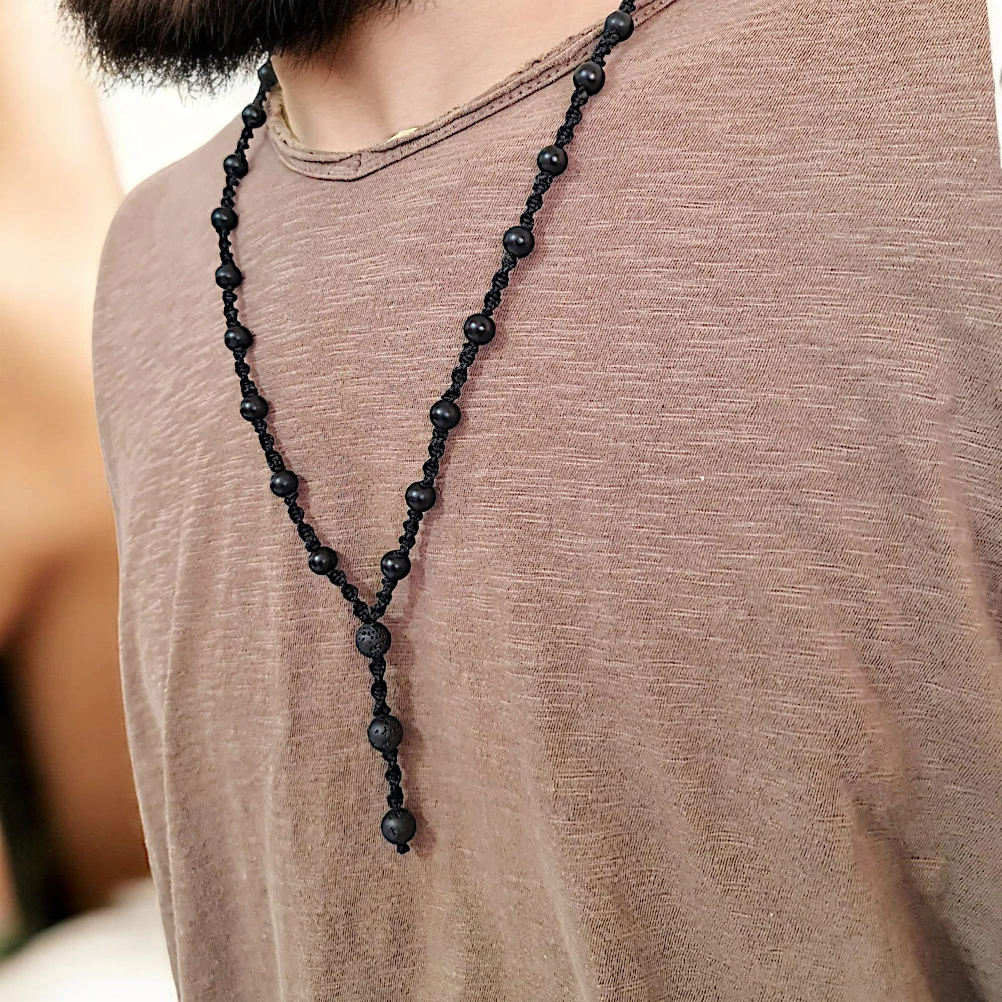 Mens Black Onyx and Lava Stone Long Mala Necklace - Custom Macrame Spiritual Minimalist Jewelry - Mens Energy Balancing Bold Stone Necklace