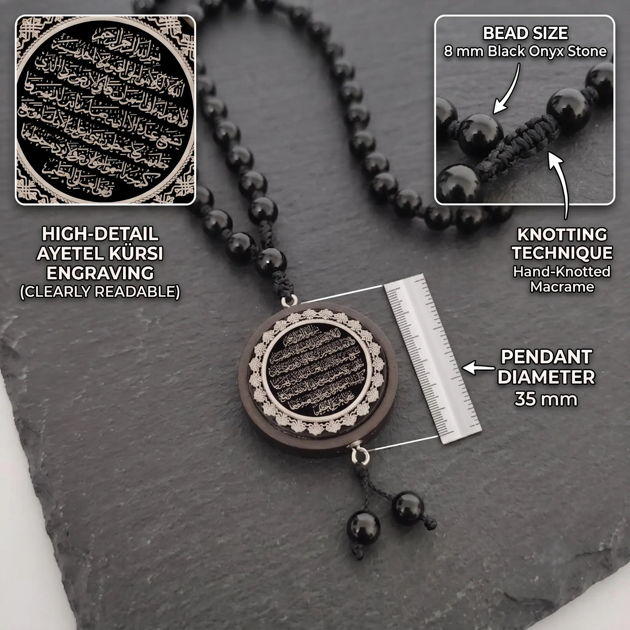 Ayatul Kursi necklace for men featuring a black onyx beaded chain and engraved Arabic calligraphy pendant, handmade Islamic protection jewelry.