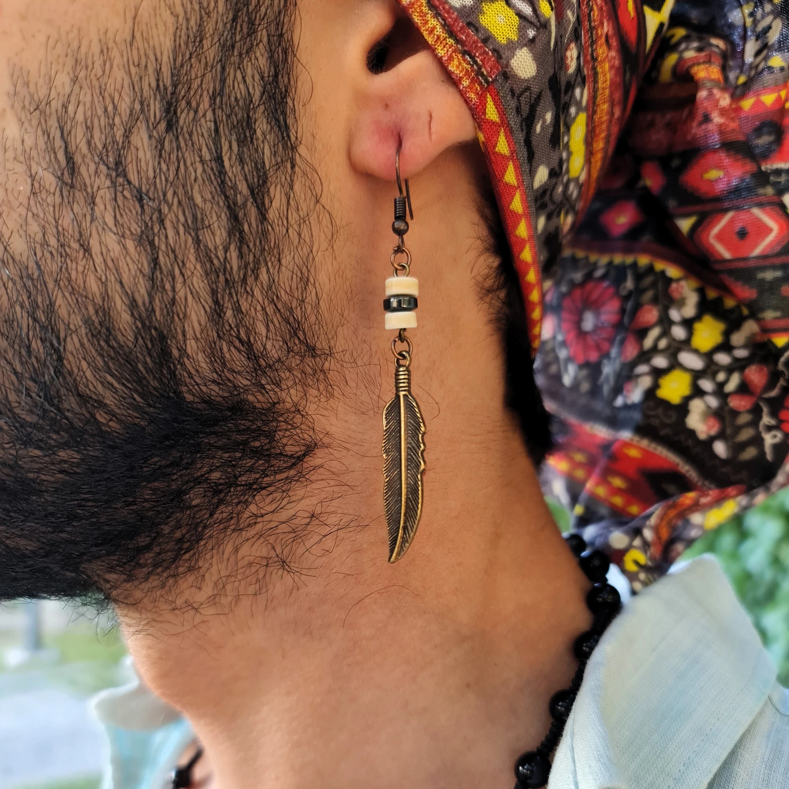 Mens Earrings, Goth Accent, Dangle Feather, Gothic Everyday Stud, Modern Simple, Cute Feather, Boho Lightweight, Long Beaded, Big Earring