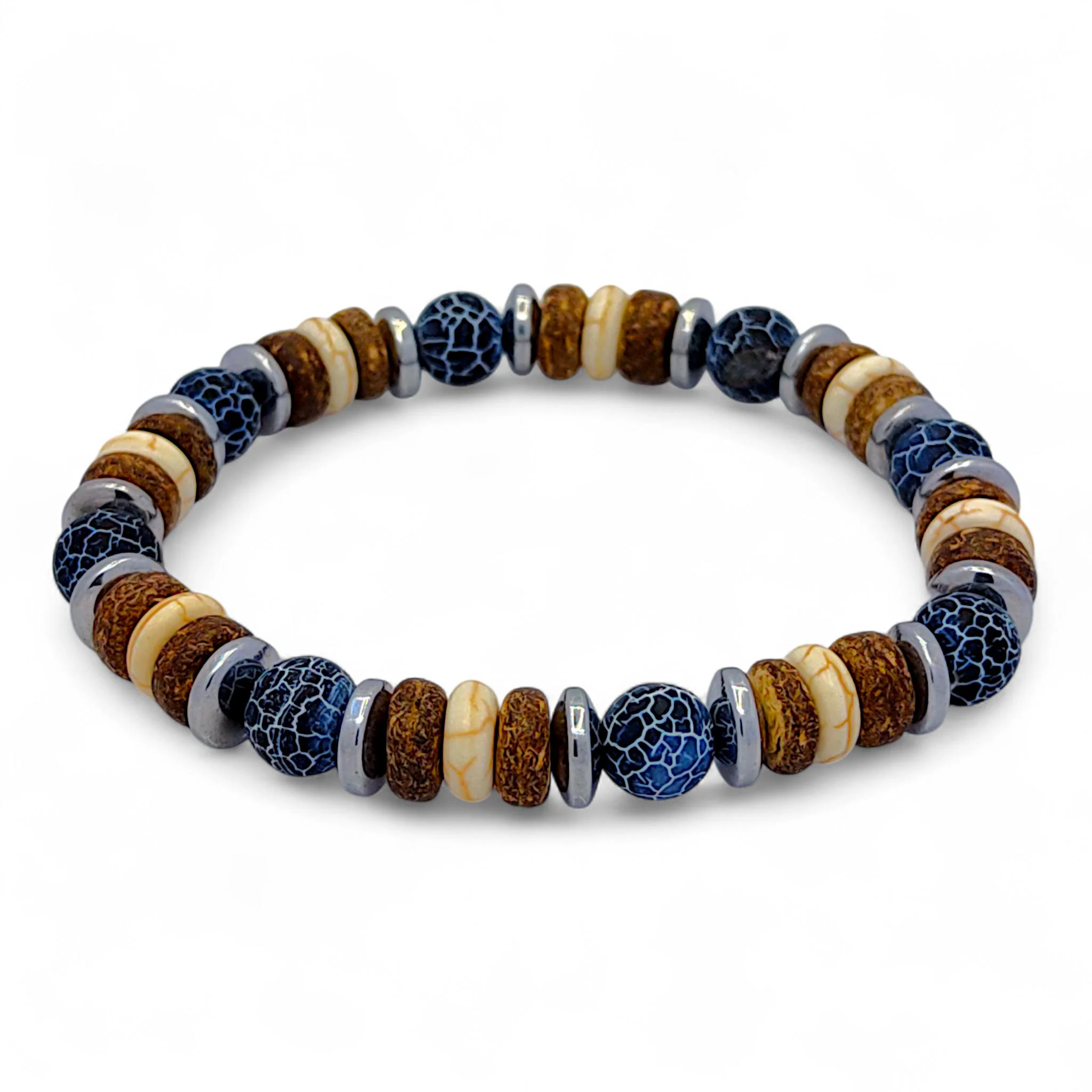 Gemstone Mens Bracelet, Crackle Black Agate, Sandalwood, White Turquoise, Silver Hematite, Minimalist Bracelet Gift, Boho Surfer Jewelry