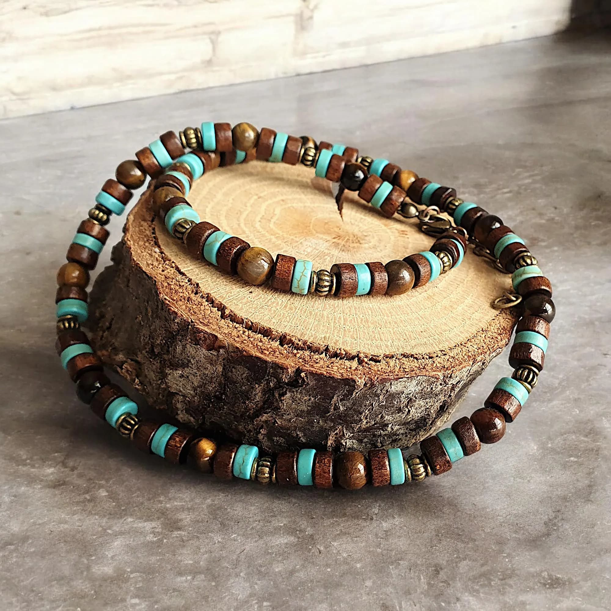 Coconut Shell and Turquoise Boho Choker For Men - Chunky African Tribal Wood Necklace with Gemstone | Rustic Bohemian Men's Gift
