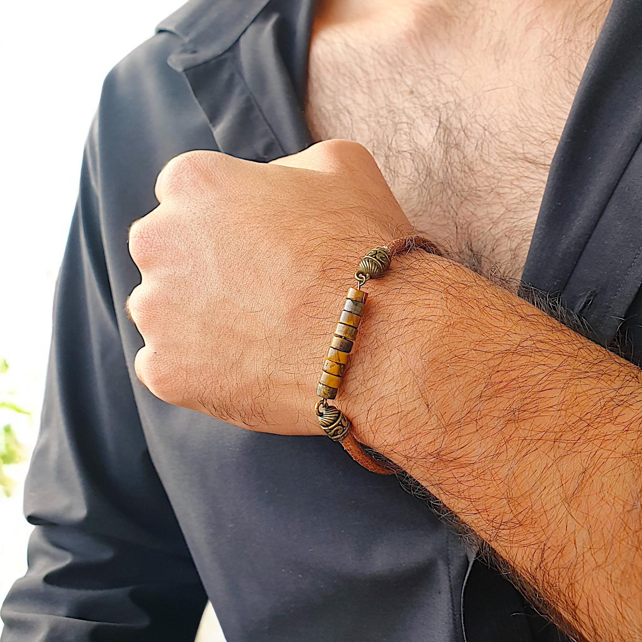 Spiritual meditation bracelet for men with genuine tiger eye stones and leather cord, boho tribal jewelry, protective energy accessory, evil eye symbolism, perfect birthday or Christmas gift for boyfriend or husband.