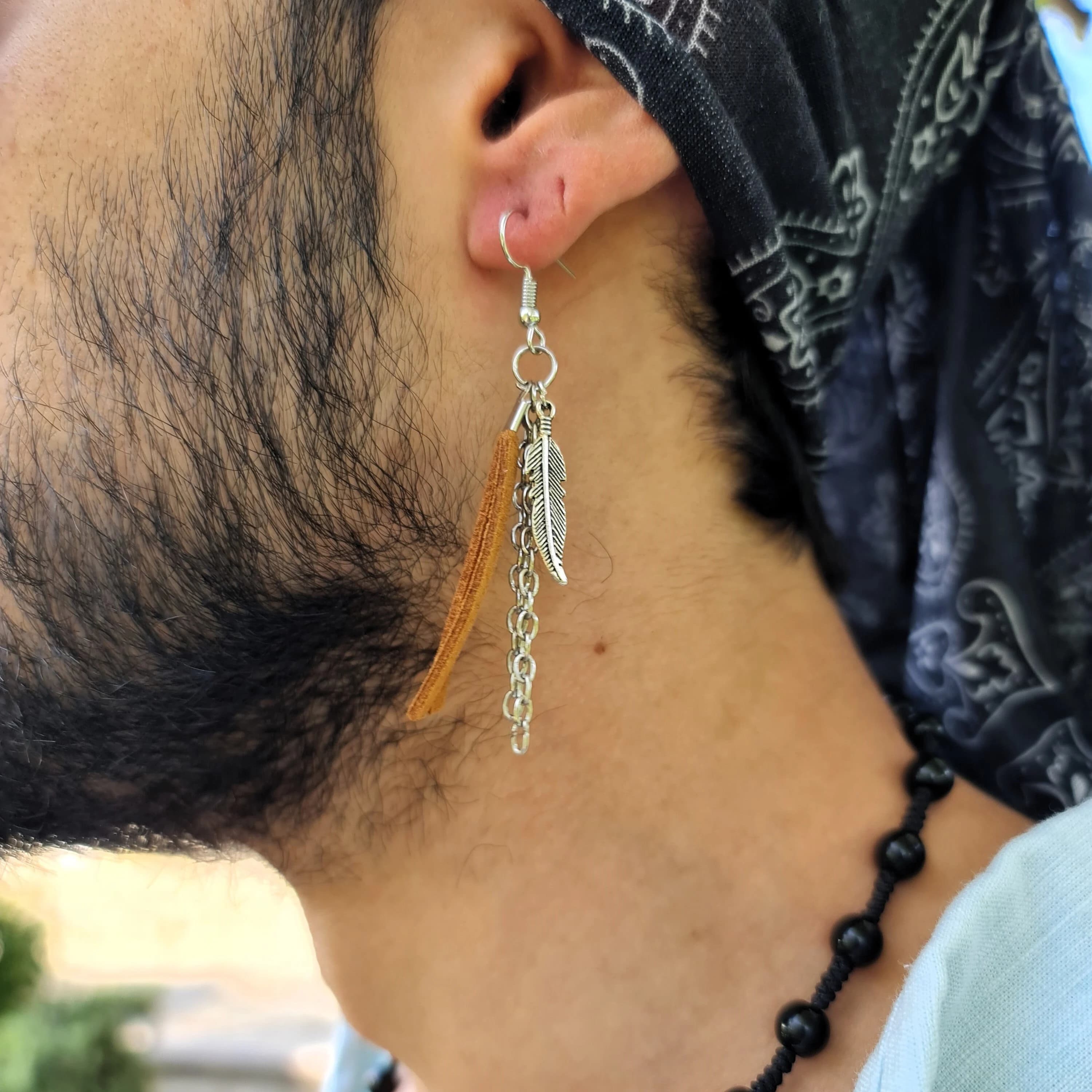 Mens Edgy & Boho Earring Collection, Personalized Minimalist Designs with Chain Long, Feather, Fringe, Tassel, and Leather Accents - Pirate, Cowgirl & Boho Jewelry Styles - Perfect for the Modern Dangle Earring Enthusiast.