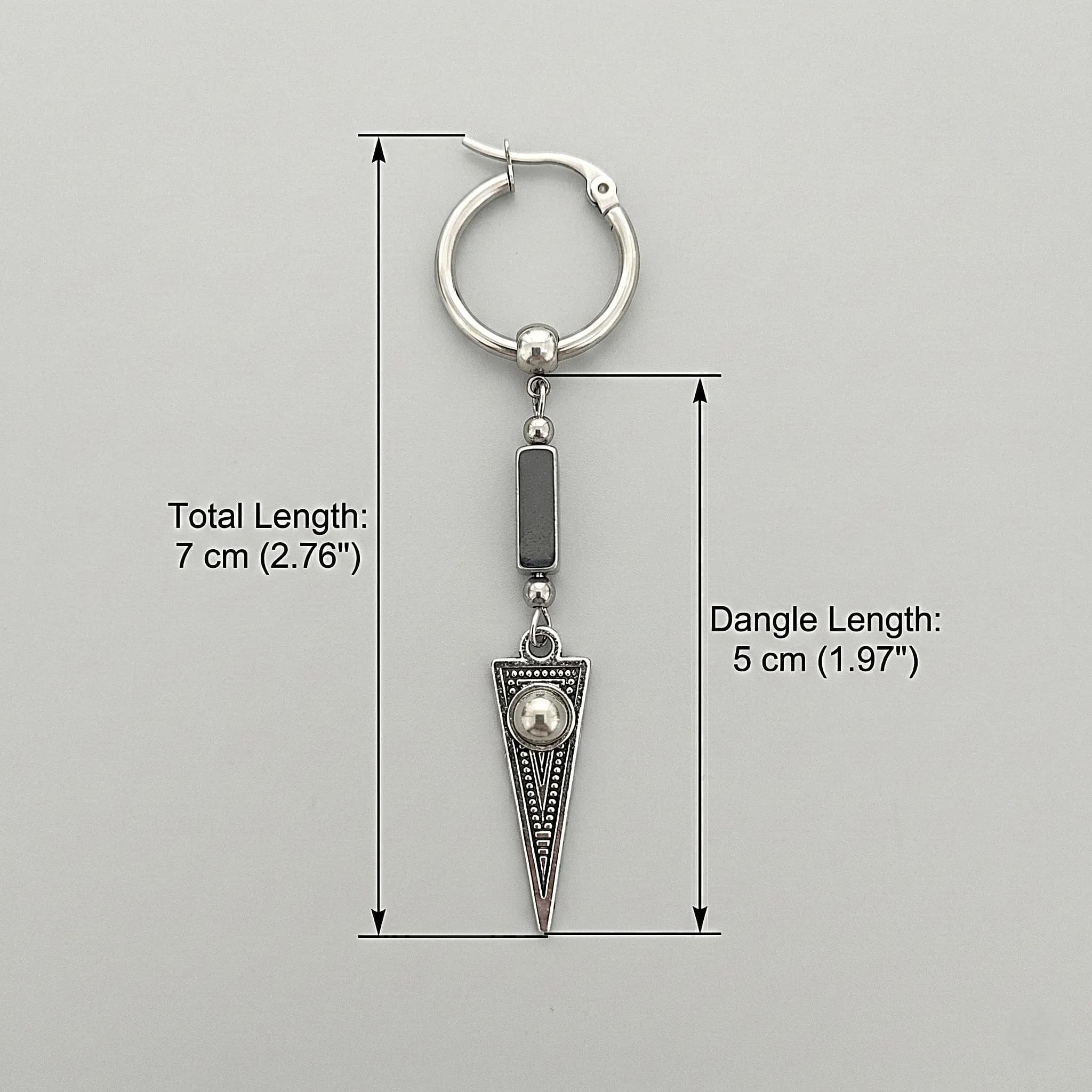 Mens Dangle Hoop Earring Tribal Arrowhead Spear Charm, Hematite Black Stone, Viking Punk Streetwear Jewelry