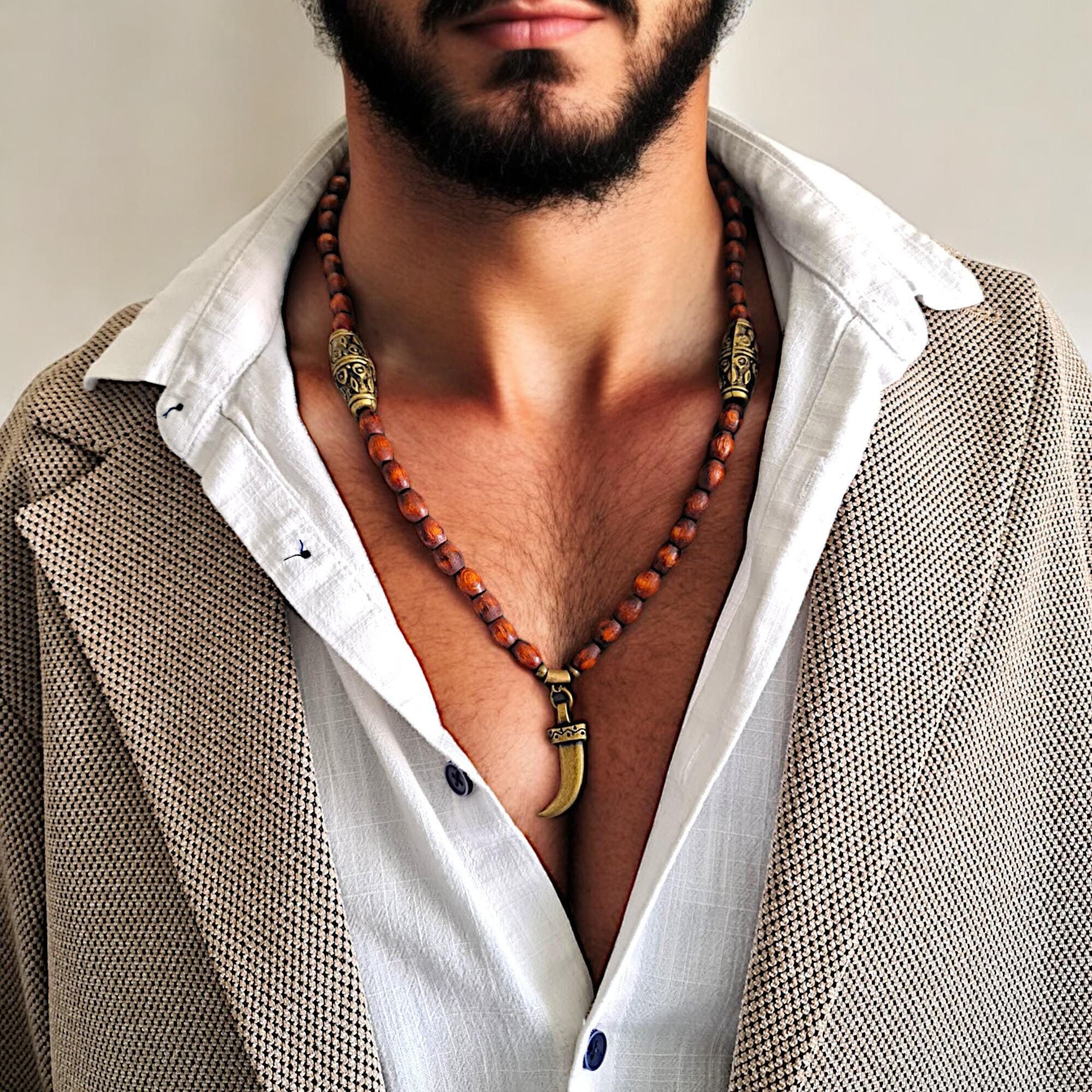 Handmade Mens Tribal Wooden Bead Necklace - Custom Ethnic Jewelry for Him
