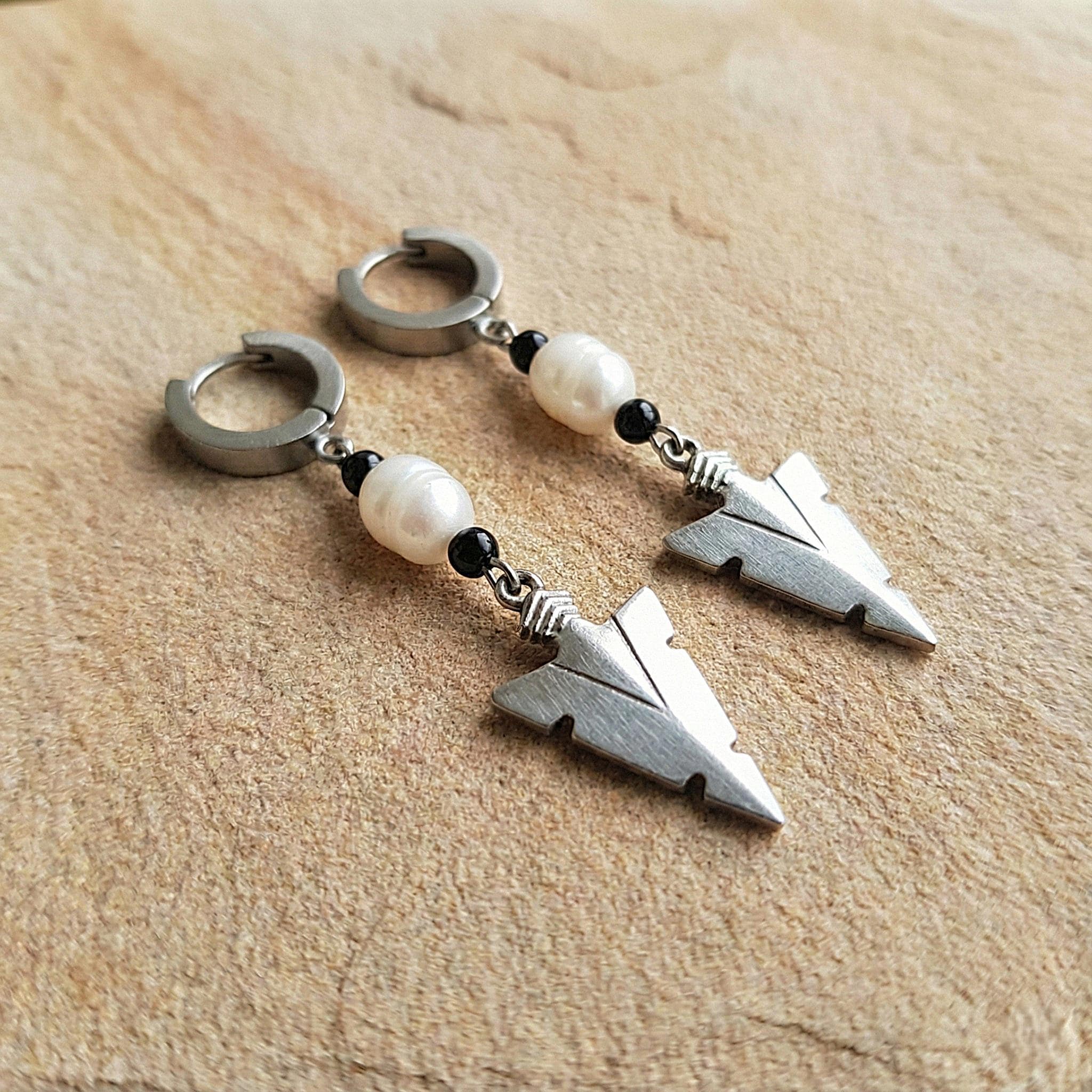 Single Earring Men, Mens Hoop Earrings, Pearl Drop Earring, Dangle Arrow Charm, Stainless Steel, Unisex Jewelry, Cool Gifts for Him