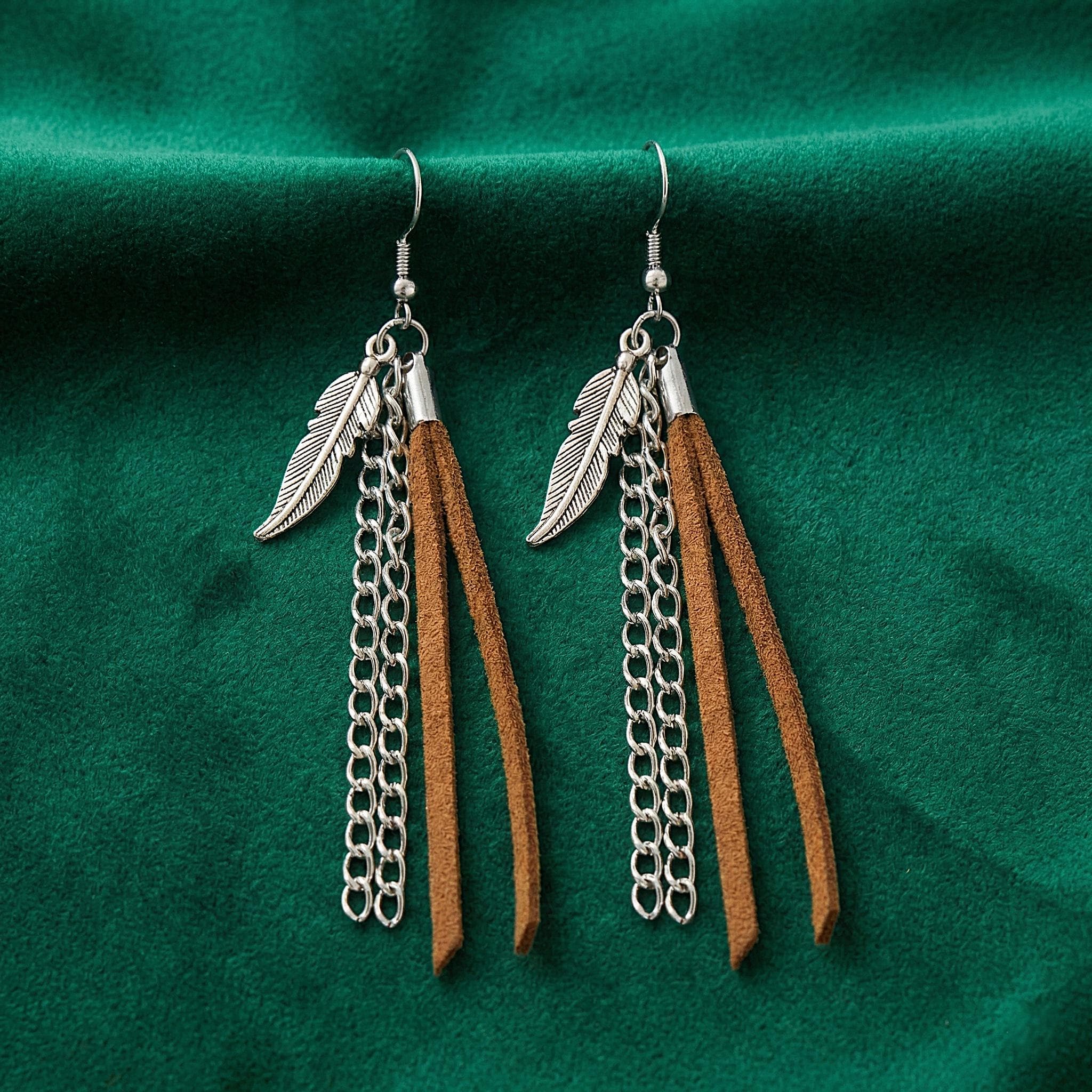 Mens Dangle Earrings Silver Feather Charm Brown Suede Tassel Boho Hippie Jewelry Cool Guy Gift Western Cowboy Style Long Chain Drop