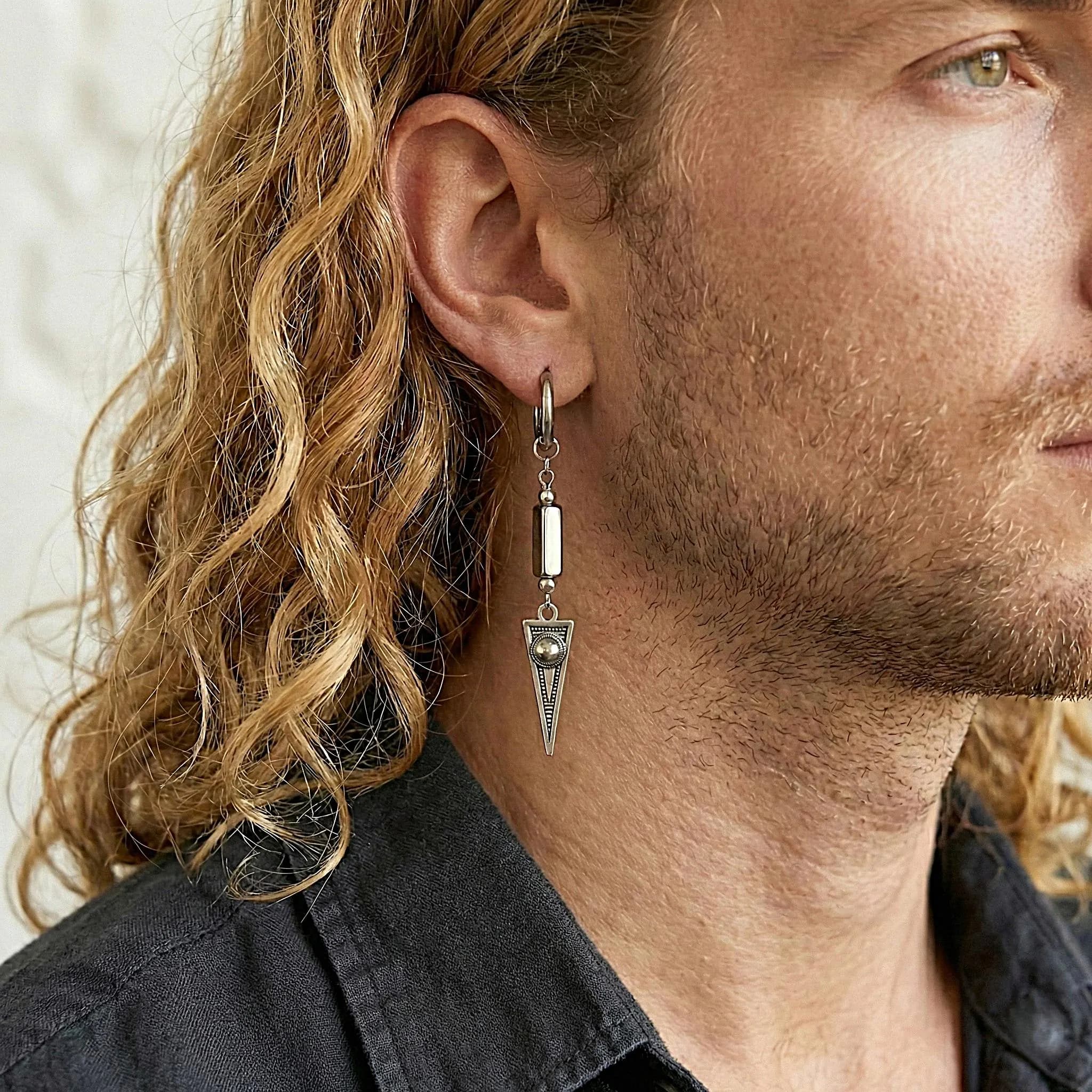 Mens Gothic Dangle Hoop Earring with Arrowhead Pendant, Black Stone Bar, Grunge Punk Jewelry for Men