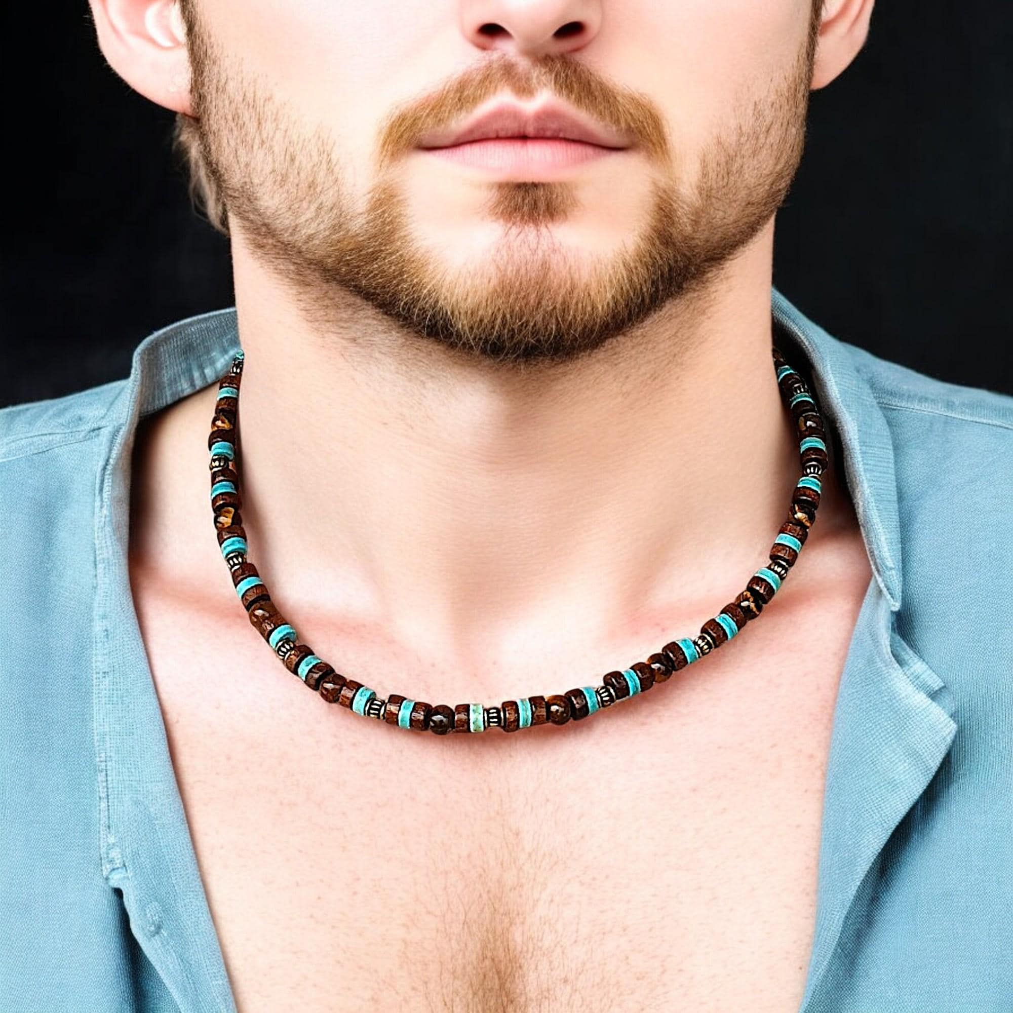 Guys Tribal Surfer Choker - Handmade African Wooden Necklace with Turquoise Beads & Tiger Eye Gemstone | Men's Beachy Boho Jewelry