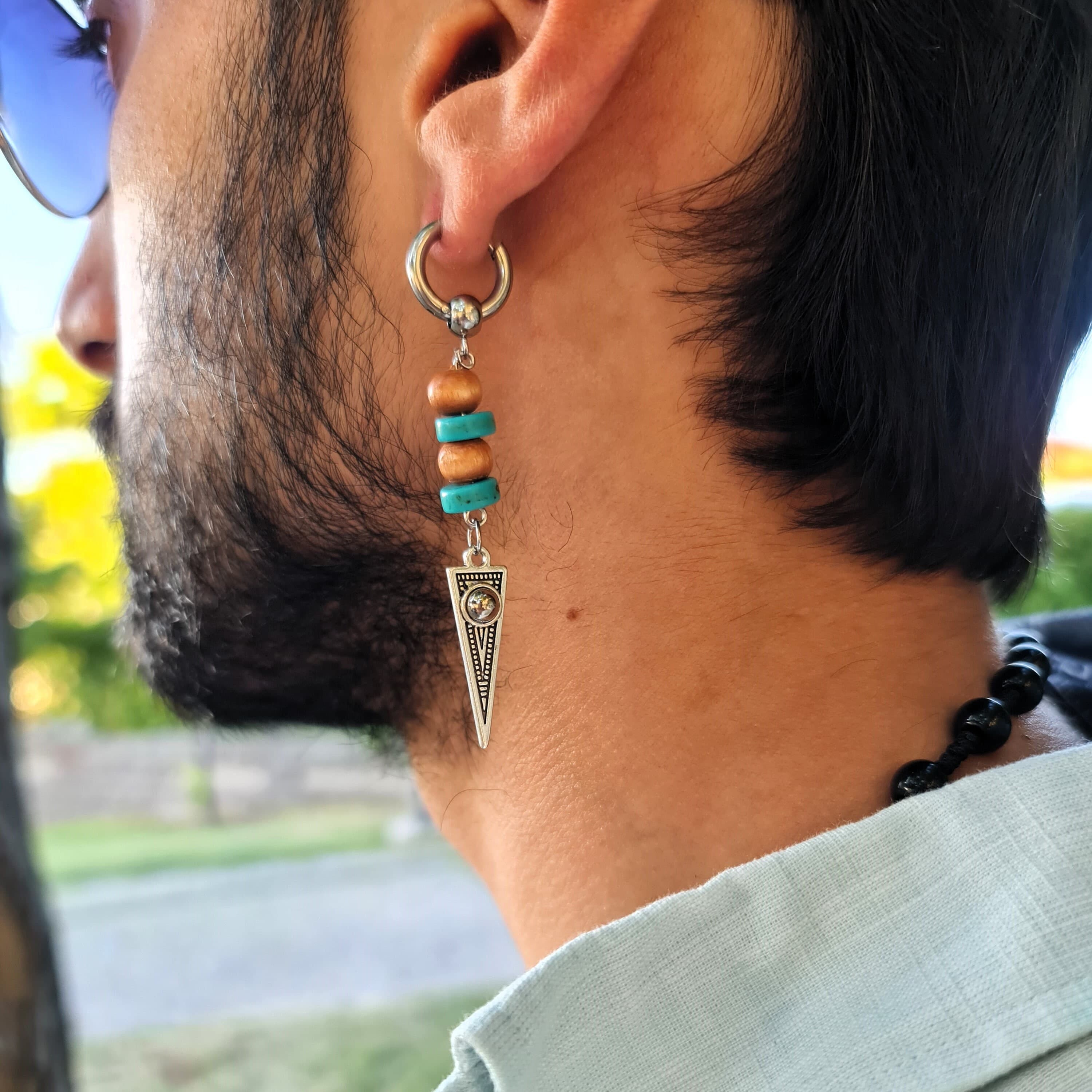 Mens Turquoise Gemstone Triangle Earring, Stone Dangle Hoop, Minimalist Bohemian Gothic Beaded Design - Edgy Gift for Men, Tribal Earrings - image 2