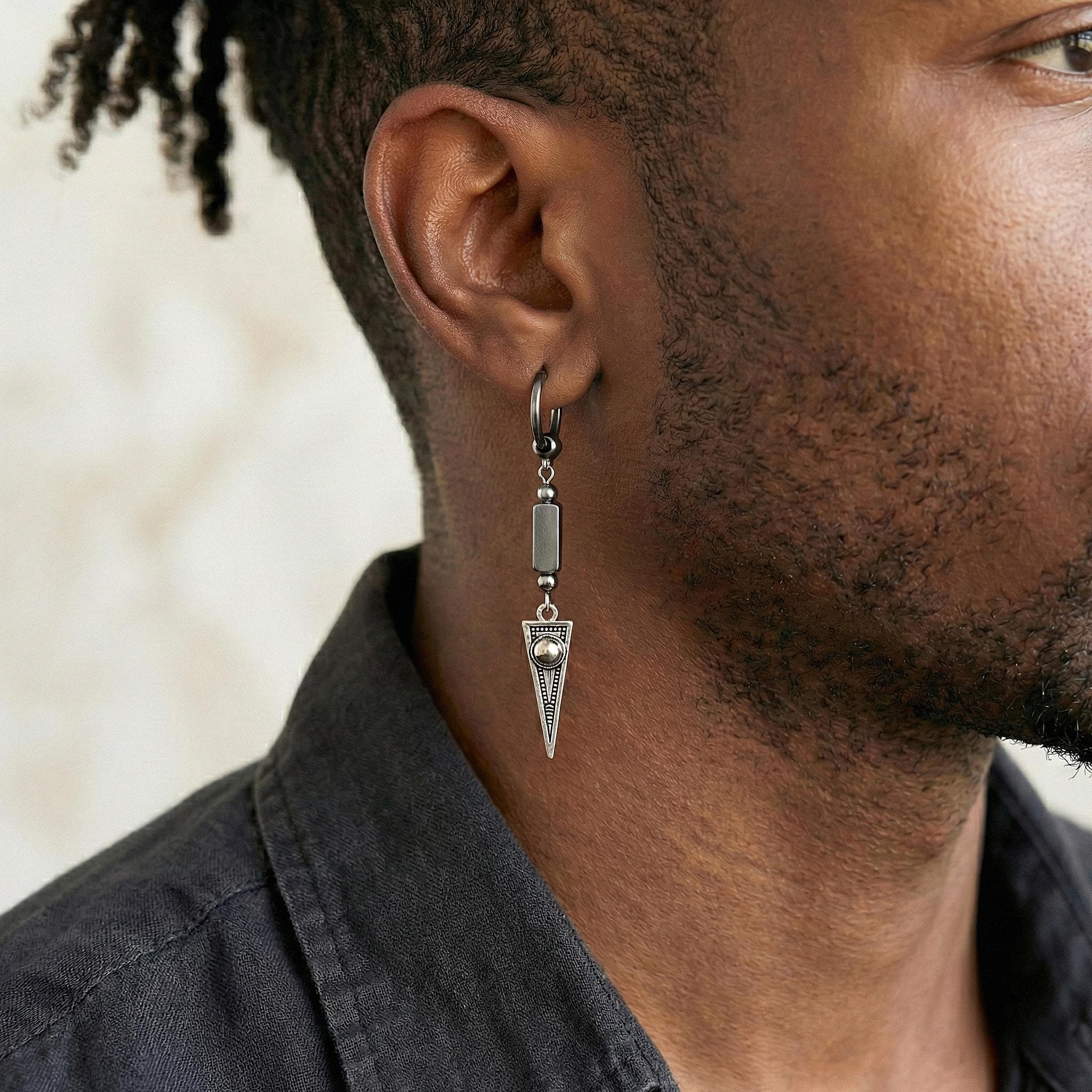 Mens Silver Tribal Earring with Arrowhead Spear Pendant, Black Stone Dangle Hoop, Gothic Boho Men Jewelry