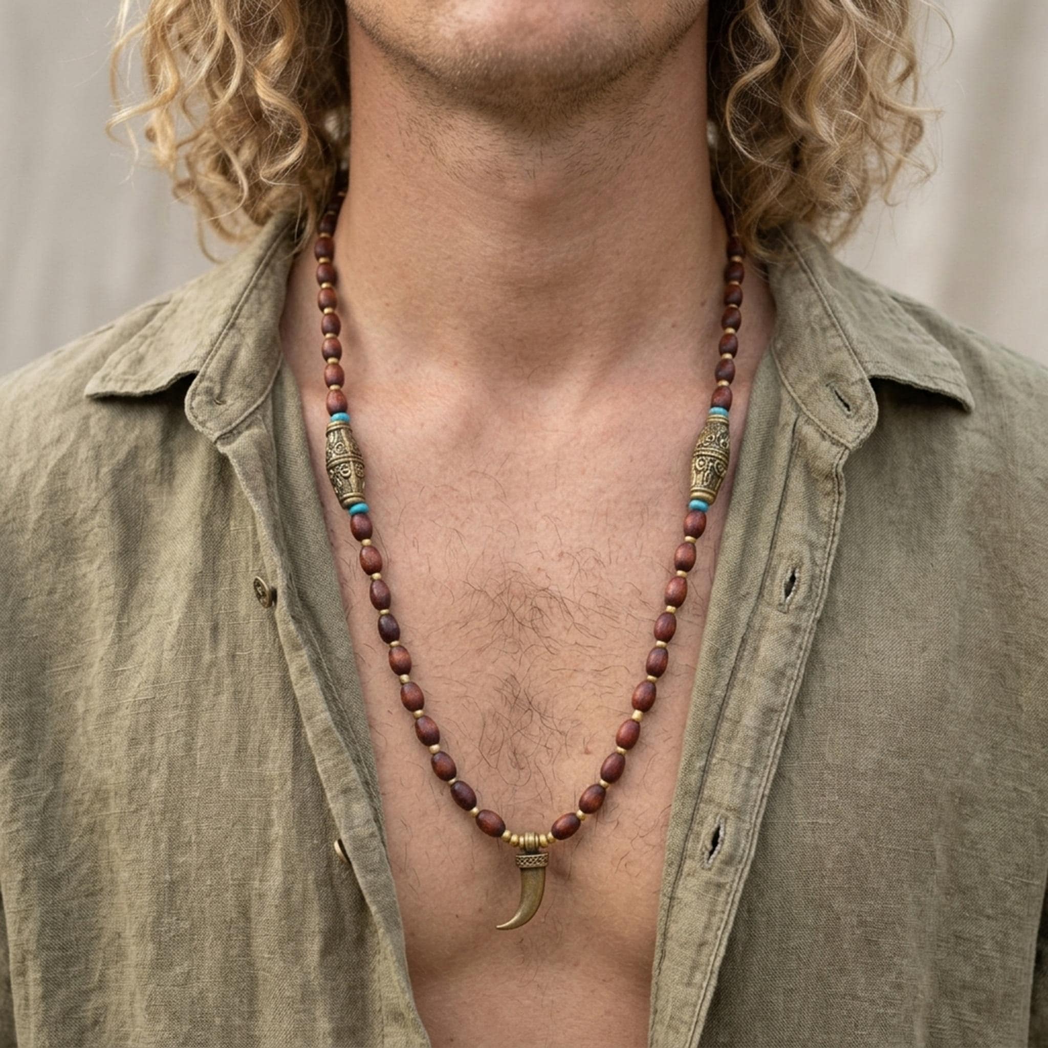 Mens Tribal Necklace - Vintage Wooden Beads, Ethnic Long Necklace, Customizable Gift for Men, Bead Necklace, Surfer Rosary Mala Necklace