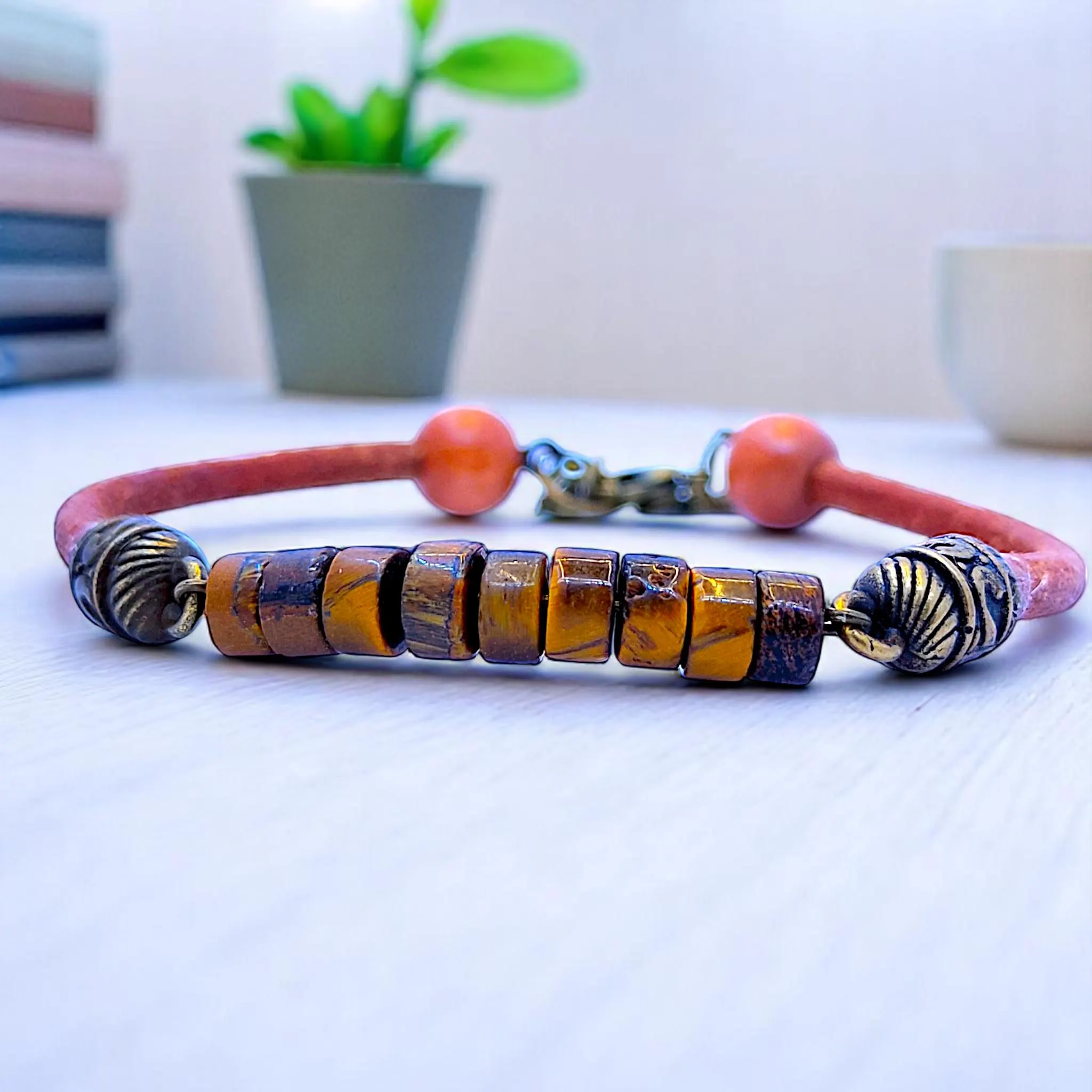 Boho Mens Tiger Eye Leather Bracelet, Tribal Spiritual Jewelry, Gift for Him, Protective Jewelry, Surfer Gemstone Minimalist Unisex Bracelet