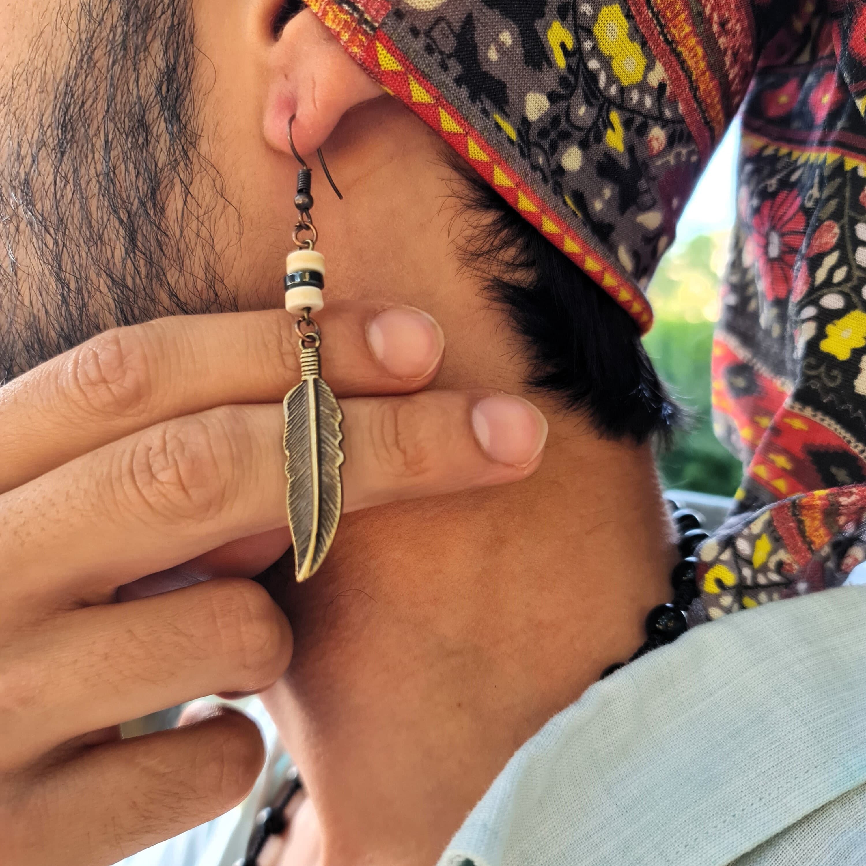 Mens Earrings, Goth Accent, Dangle Feather, Gothic Everyday Stud, Modern Simple, Cute Feather, Boho Lightweight, Long Beaded, Big Earring - image 5