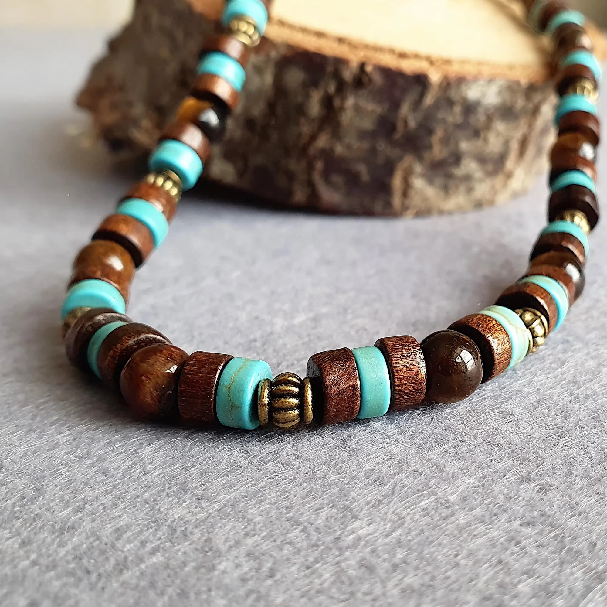 Tribal Surfer Mens Choker Necklace, Turquoise Beads Stone & Tiger Eye Gemstone,  Boho Rustic Jewelry, Chunky African Necklace, Gift for Him - image 2
