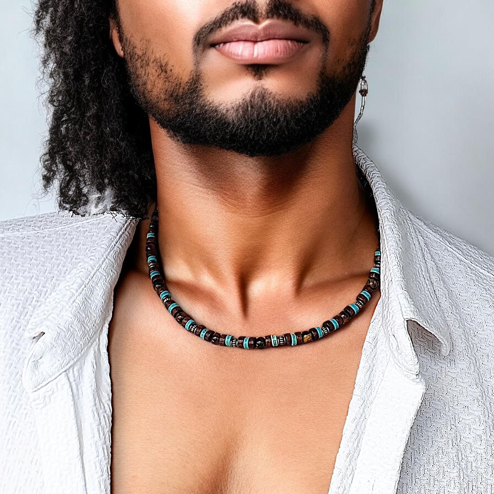 Tribal Surfer Mens Choker Necklace, Turquoise Beads Stone & Tiger Eye Gemstone,  Boho Rustic Jewelry, Chunky African Necklace, Gift for Him