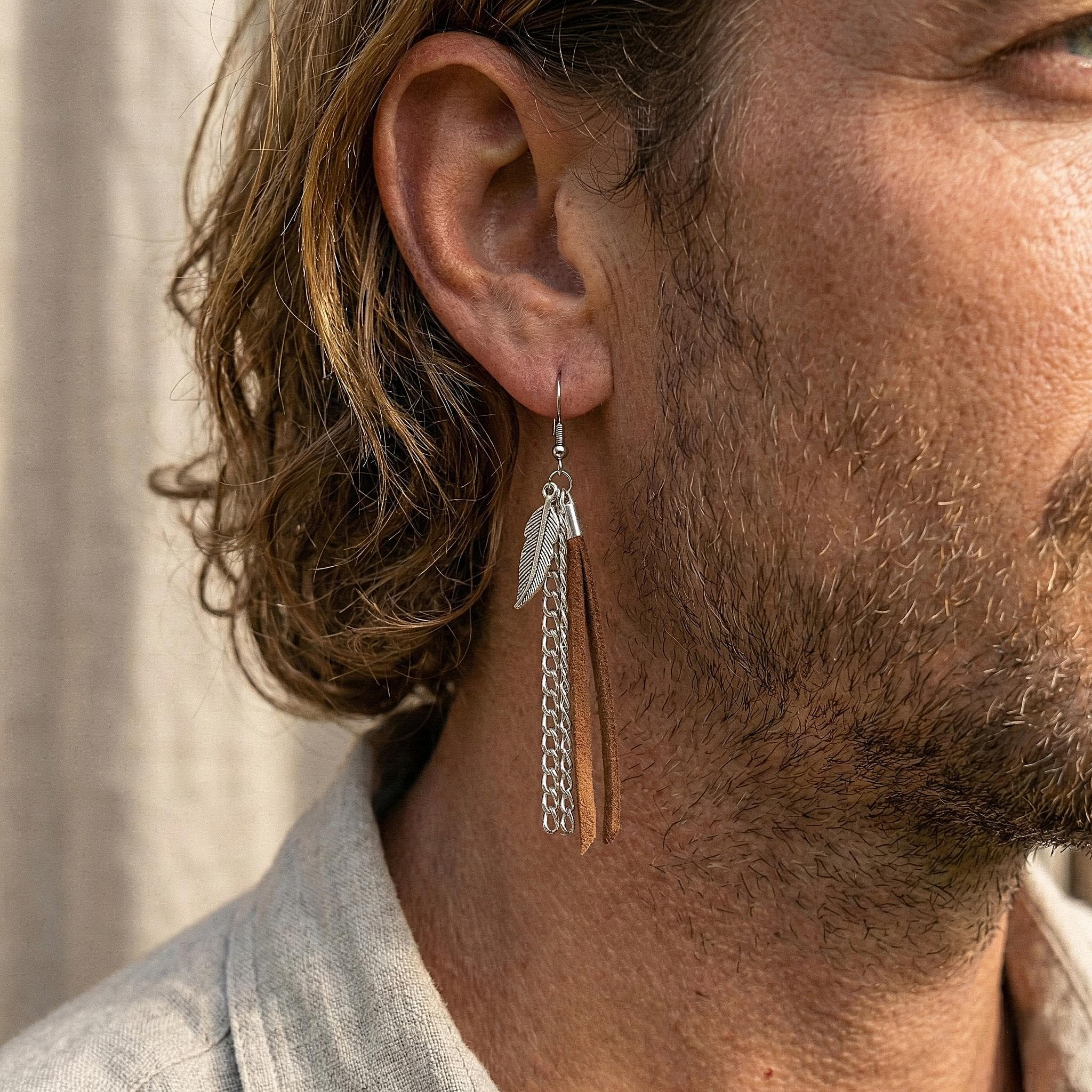 Pirate Earring for Men Grunge Rocker Style Single Hanging Chain Antique Silver Leaf Rustic Biker Accessories Masculine Gender Neutral