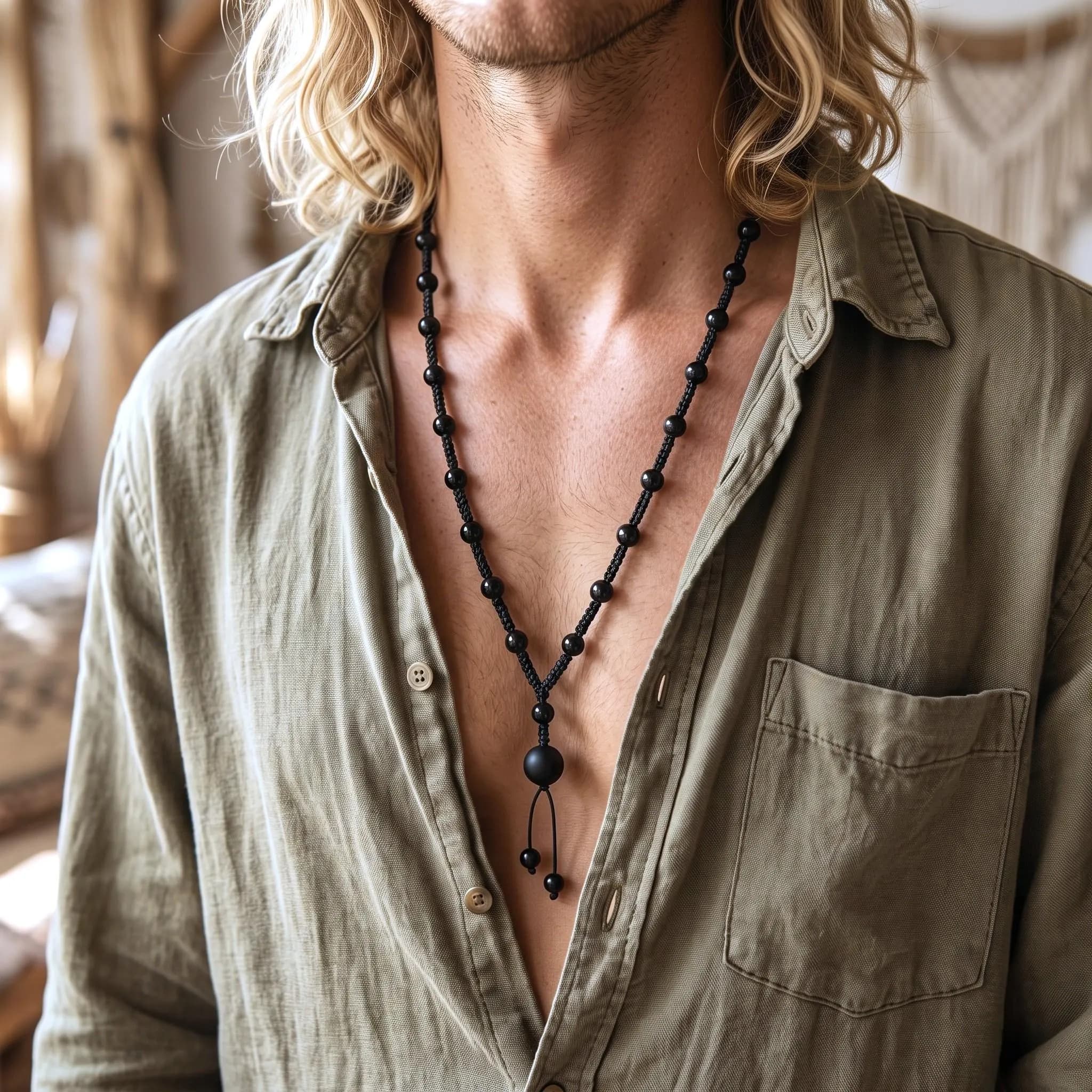 Mens Black Onyx Necklace Natural Beaded Gemstone Pendant Hand Knotted Macrame Rosary Boho Surfer Spiritual Tribal Braided Cord Gift Jewelry