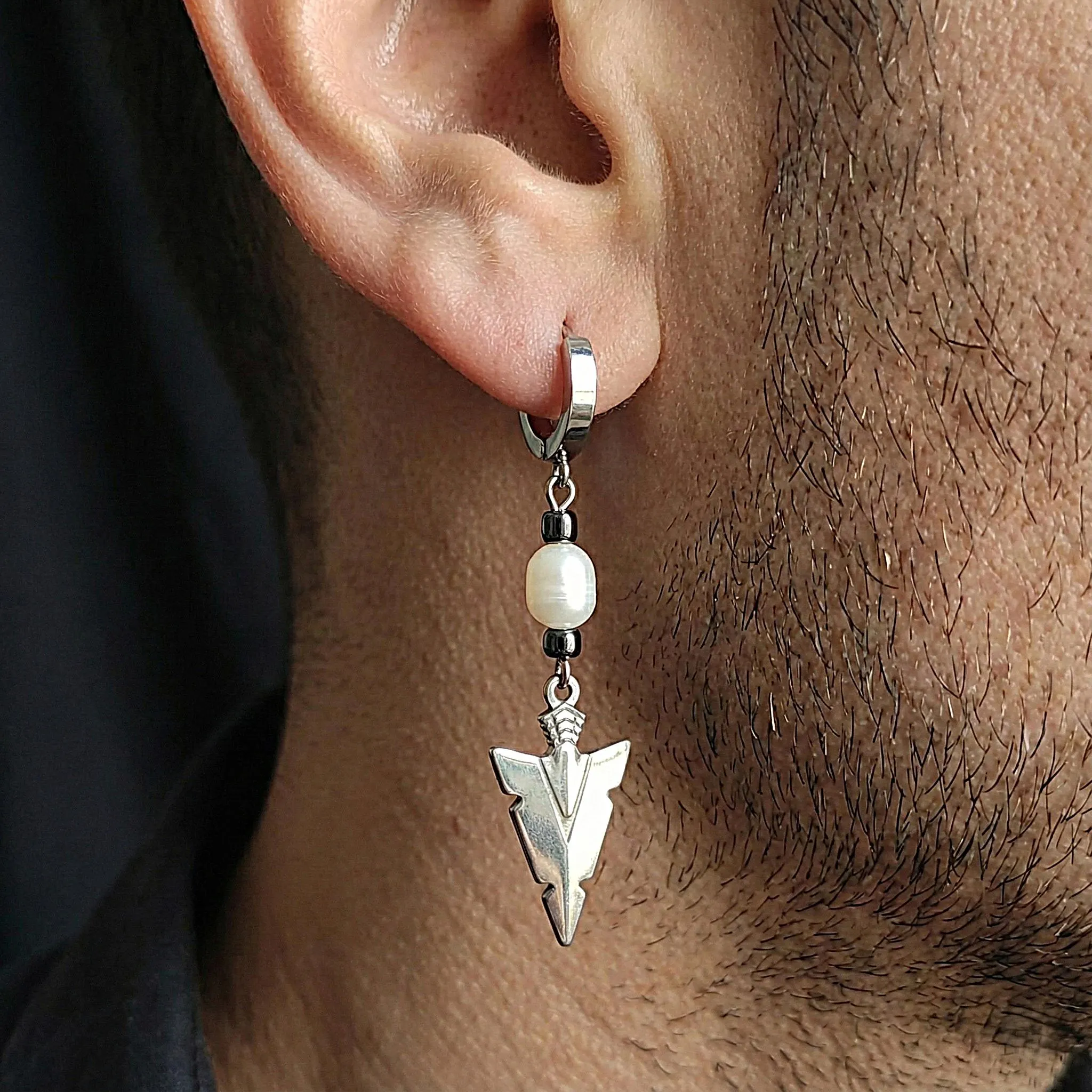 Mens Dangle Earring, Masculine Jewelry, Arrowhead, Viking Style, Real Pearl, Stainless Steel Hoop, Rocker Style, Gift for Brother