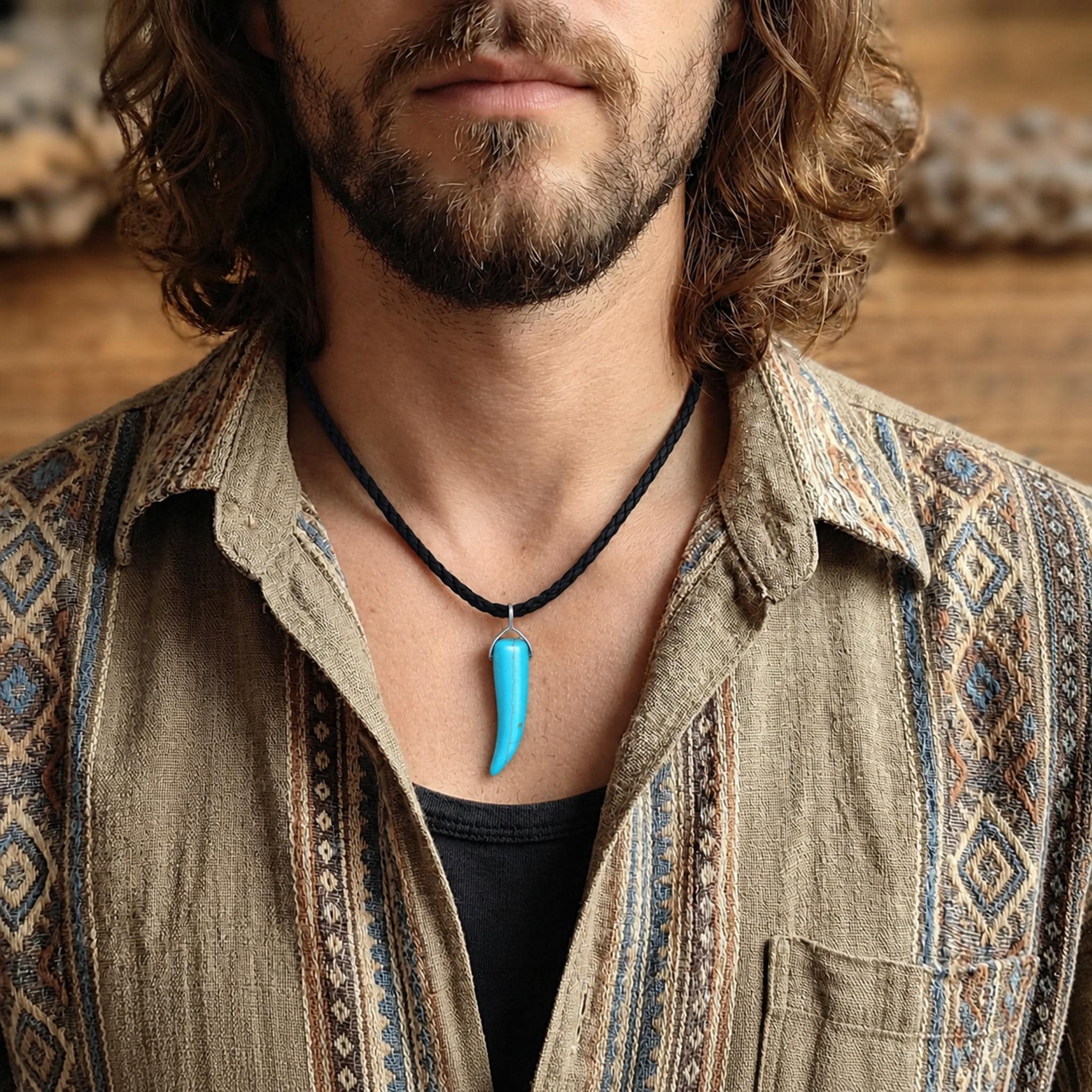Men's Turquoise Necklace, Leather Horn Pendant, Wolf Tooth Choker, Surfer Beach Jewelry, Boho Tribal Protection Amulet, Gift for Boyfriend