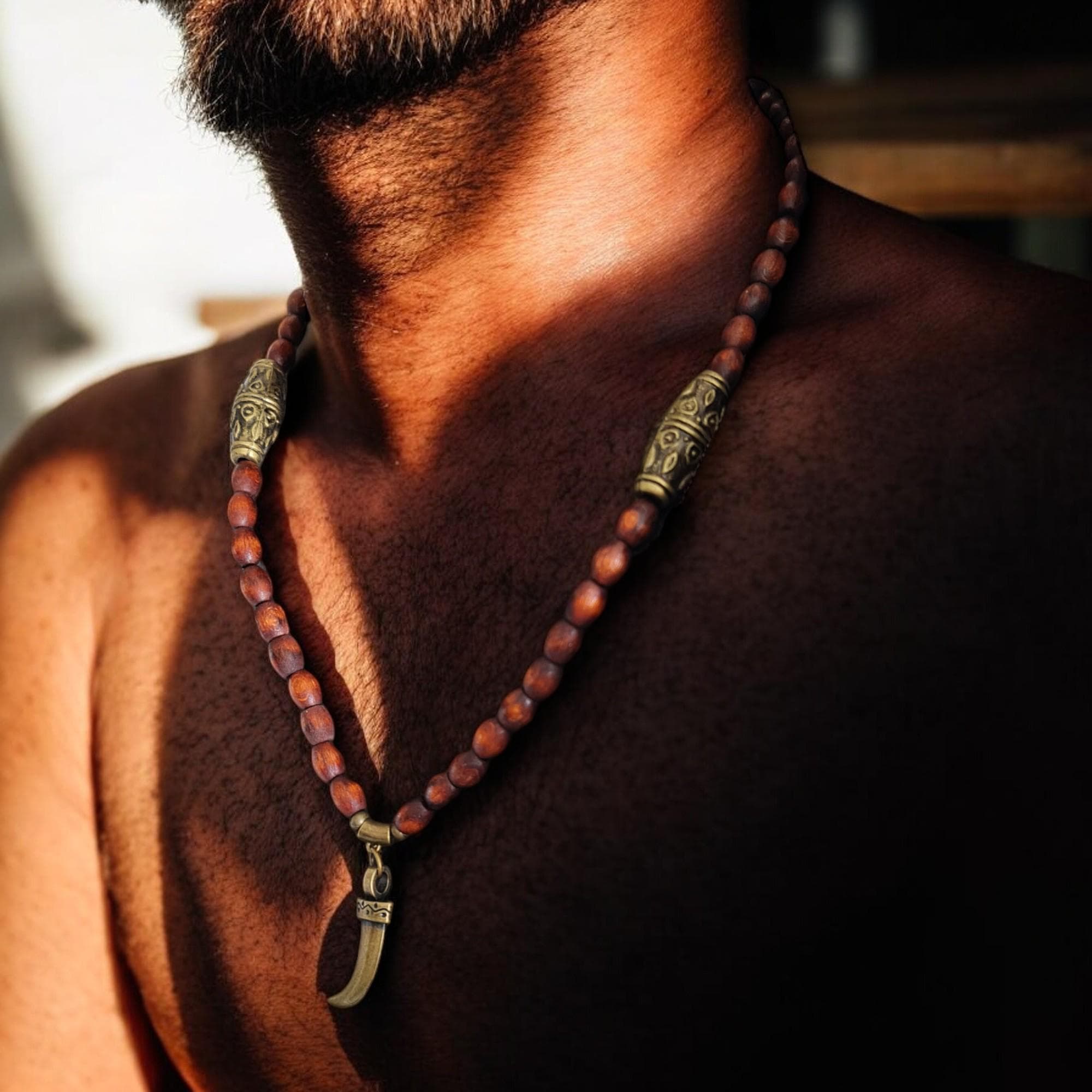 Ethnic Wooden Bead Necklace for Men - Long Vintage Tribal Jewelry