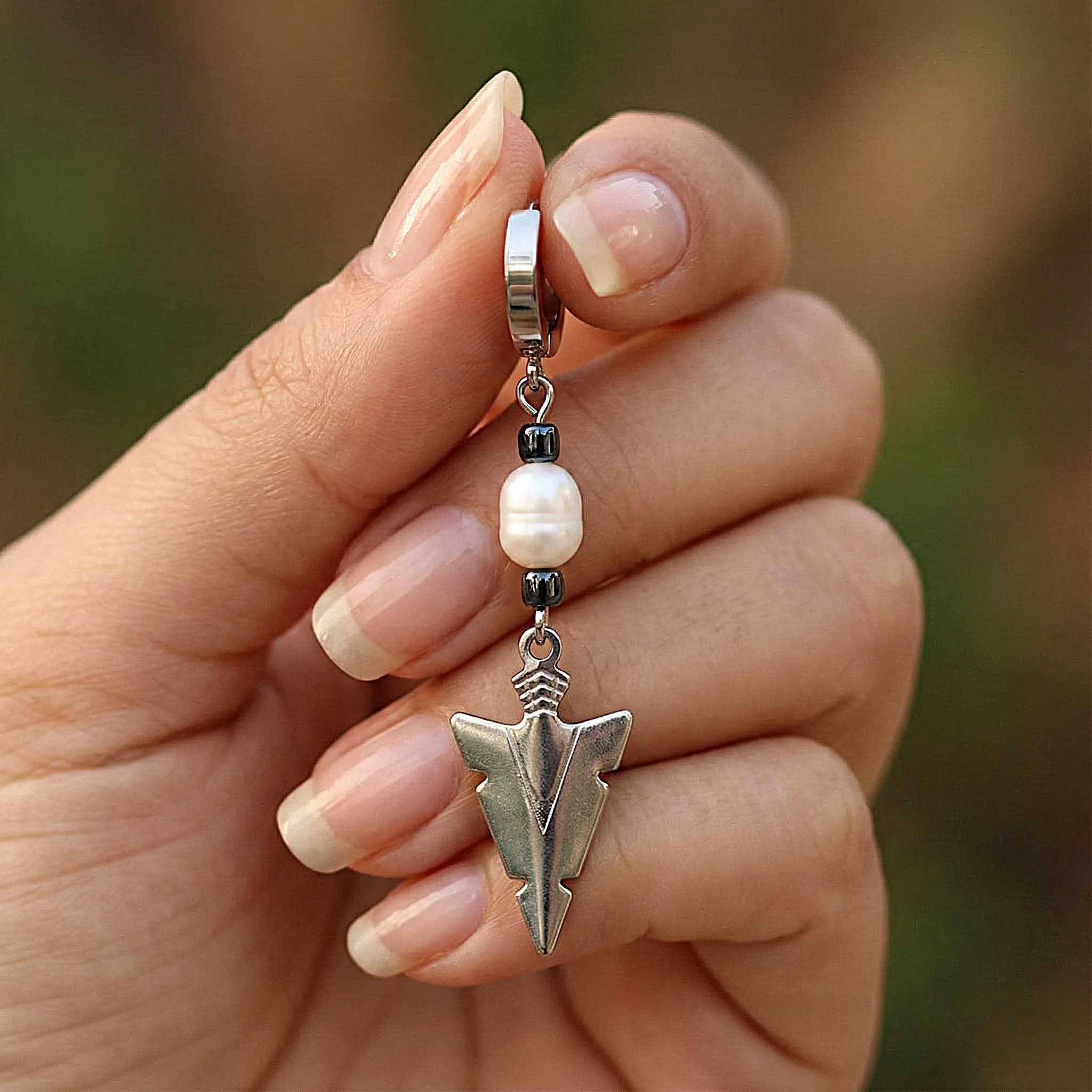 Unisex Dangle Hoop, Womens Edgy Earring, Mens Drop Earring, Real Pearl, Arrow Design, Stainless Steel Jewelry, Fashion Gift for Him