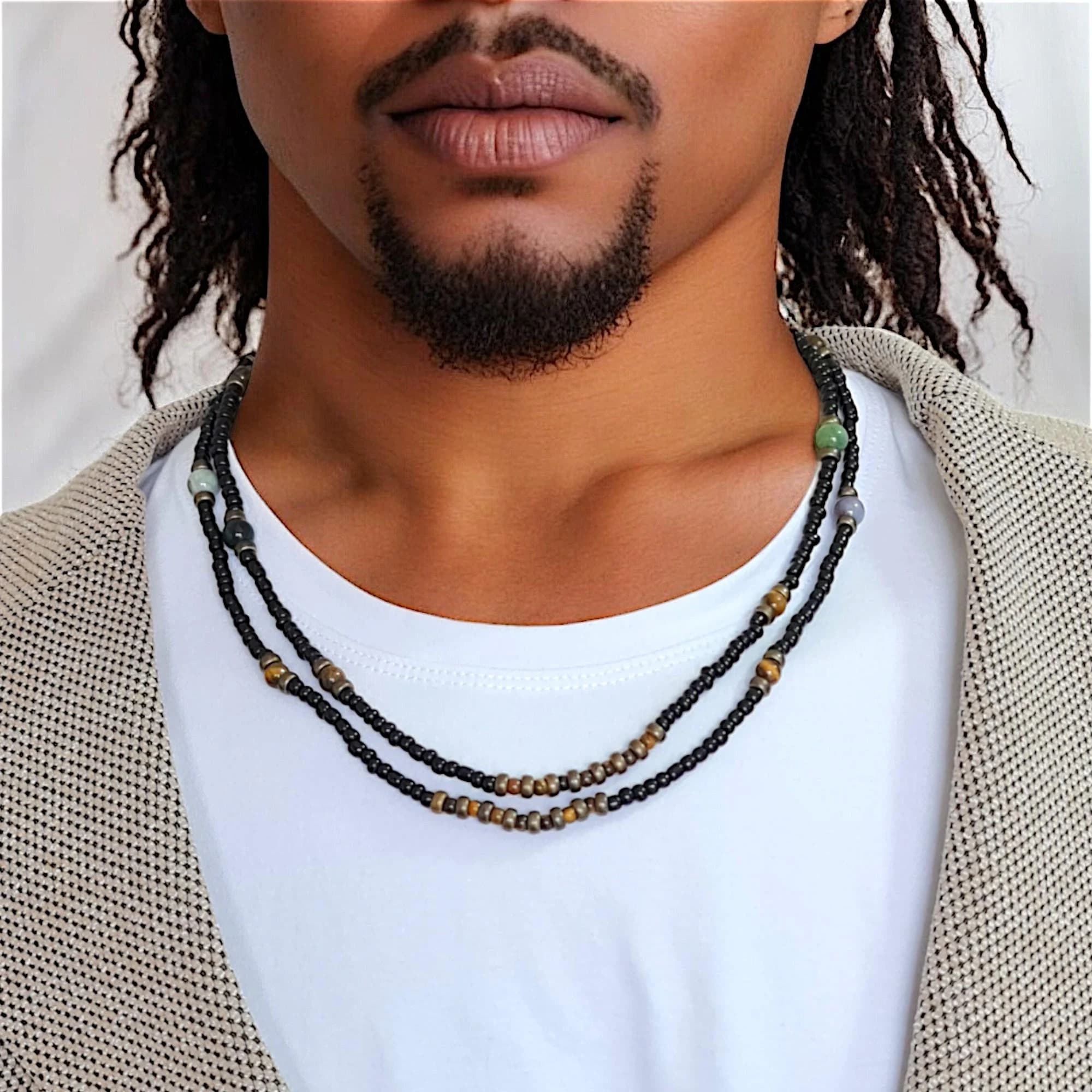 Elegant Layered Mens Natural Stone Necklace, Mens Long Necklace, Jade & Tiger Eye Gemstone Men's Necklace, Personalized Boho Jewelry for Him