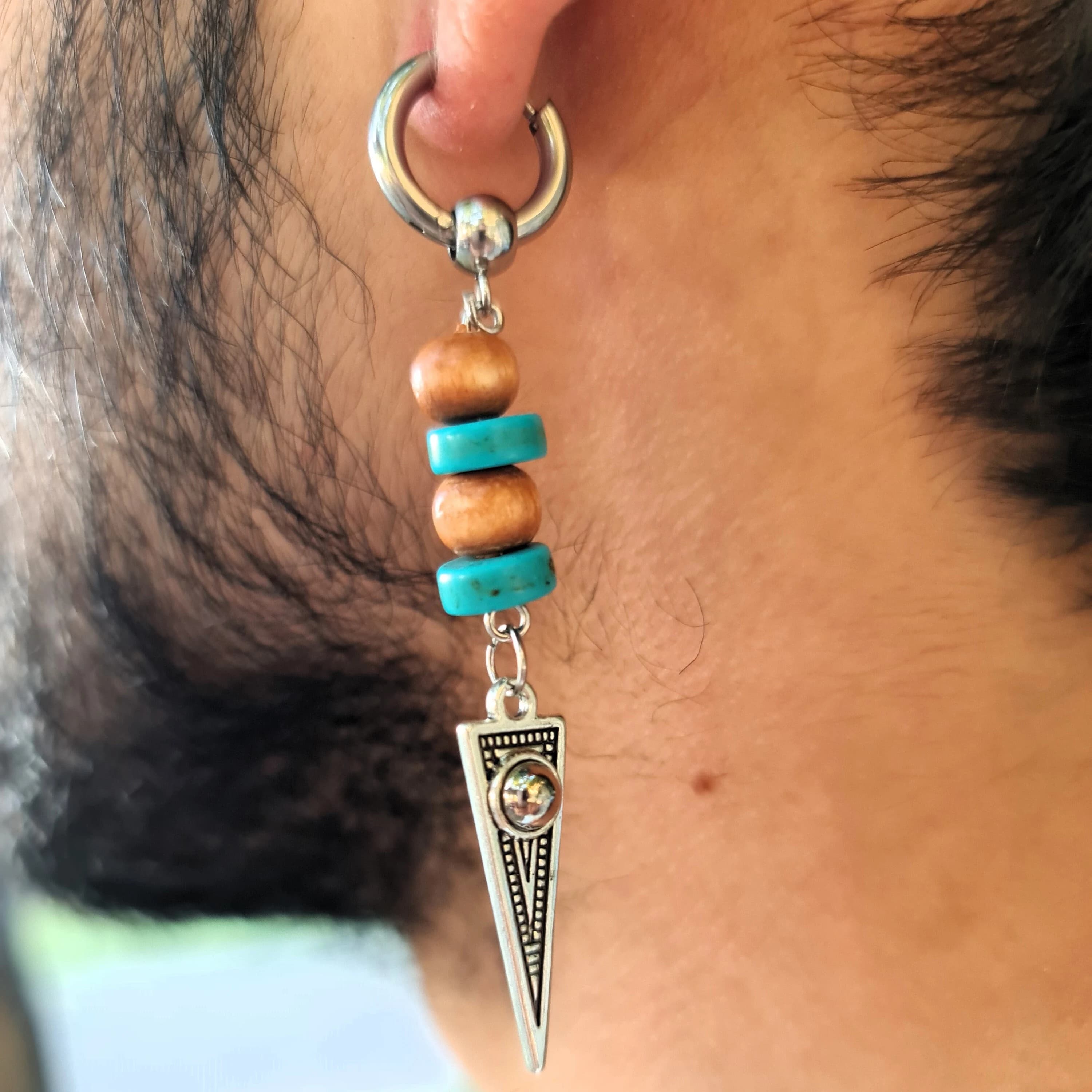 Mens Turquoise Gemstone Triangle Earring, Stone Dangle Hoop, Minimalist Bohemian Gothic Beaded Design - Edgy Gift for Men, Tribal Earrings