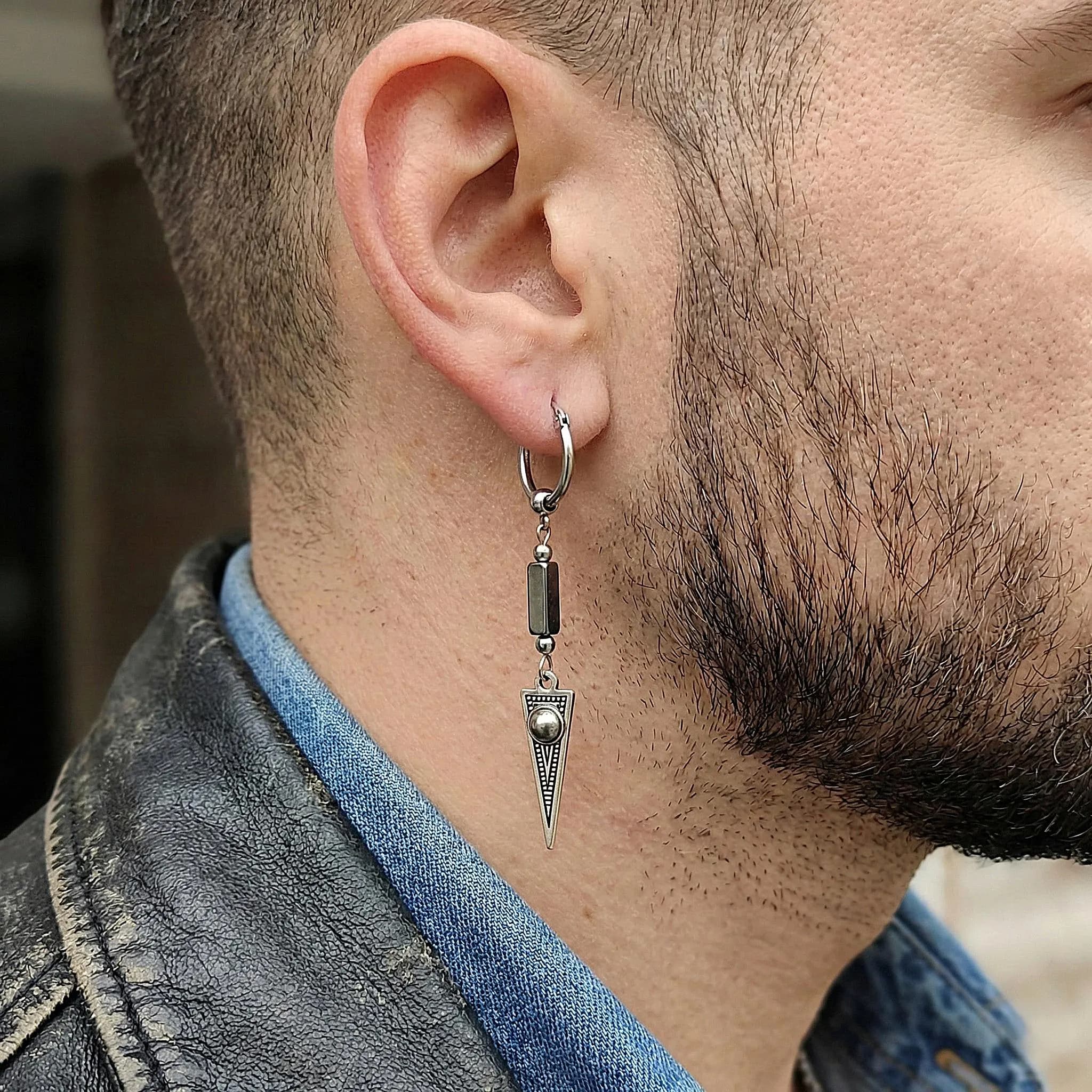 Mens Stainless Steel Hoop Dangle Earring with Tribal Arrowhead Spear Pendant, Black Stone Gothic Boho Grunge Jewelry