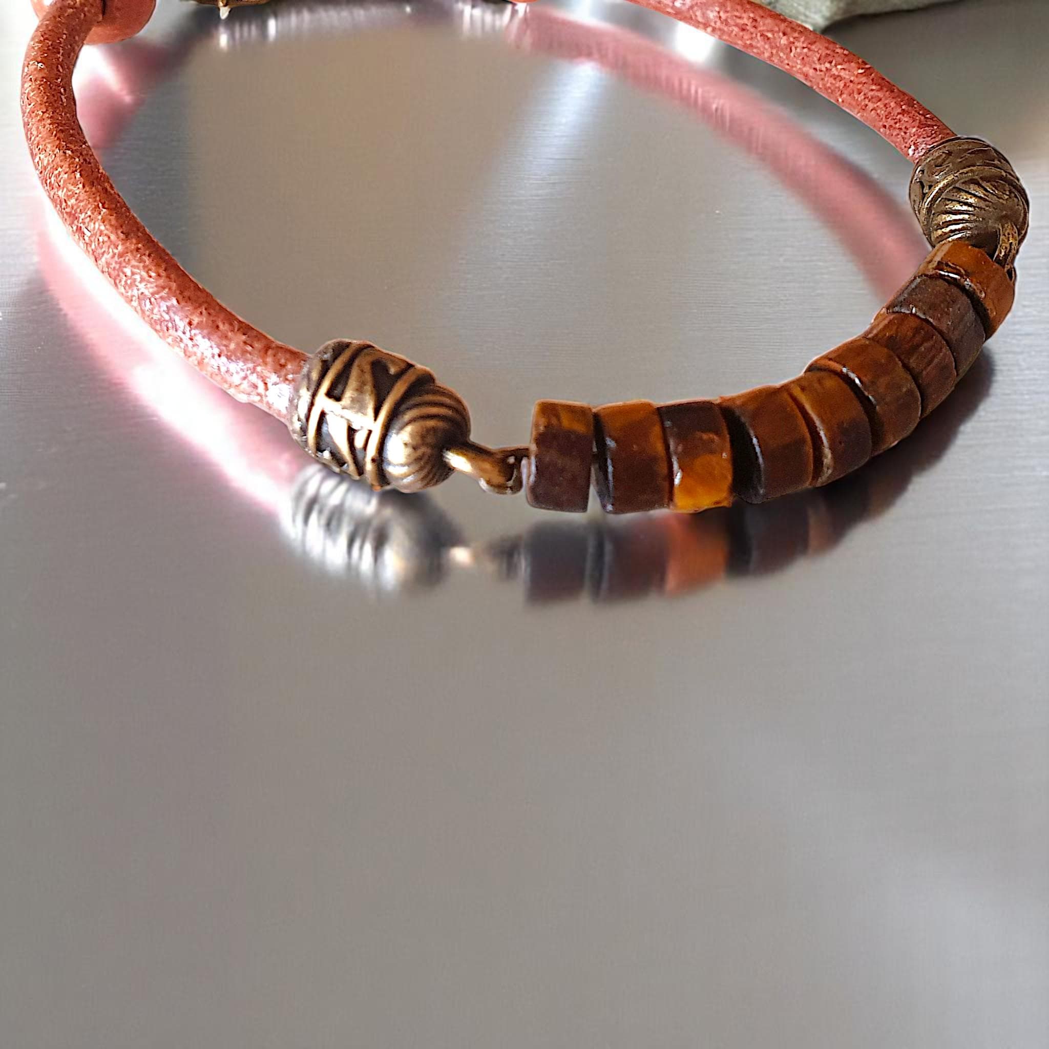 Minimalist unisex bracelet crafted with tiger eye beads and real leather rope, energy healing, bohemian tribal men’s jewelry, custom design, meditation and spiritual protection, surfer style men’s fashion accessory.