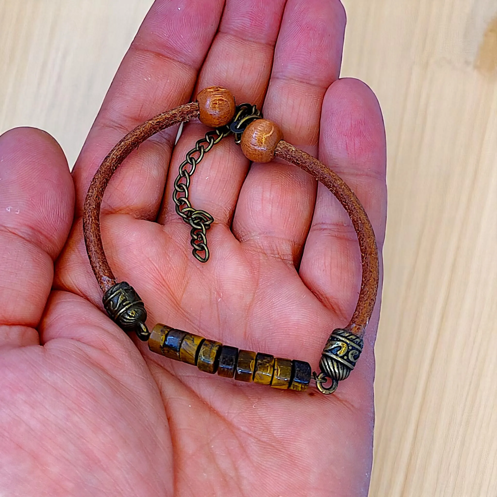 Custom handmade men’s leather bracelet with natural tiger eye gemstones, spiritual beaded jewelry, boho style, meditation energy protection, unique gift for him, evil eye and tribal accents