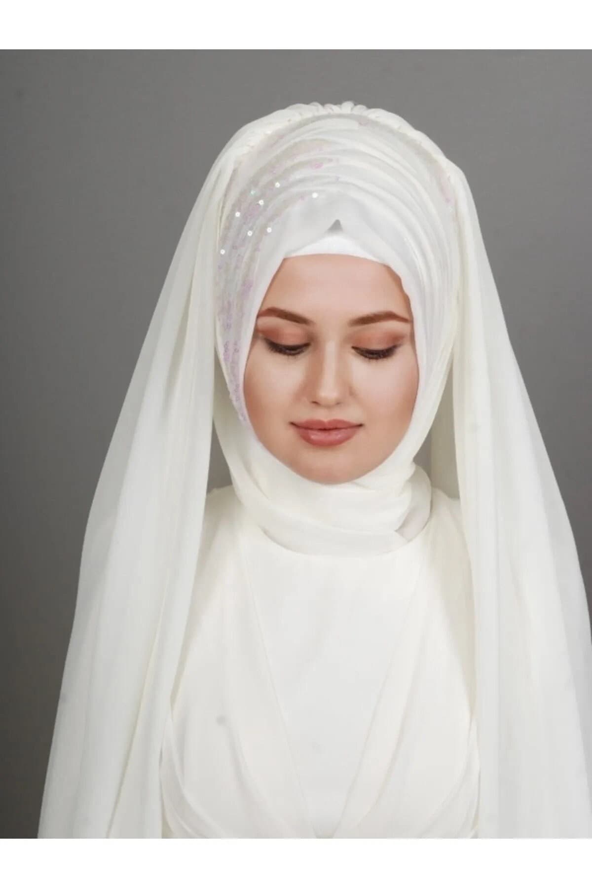 White Sequined Bridal Hijab with Veil, Ready to Wear Chiffon Turban