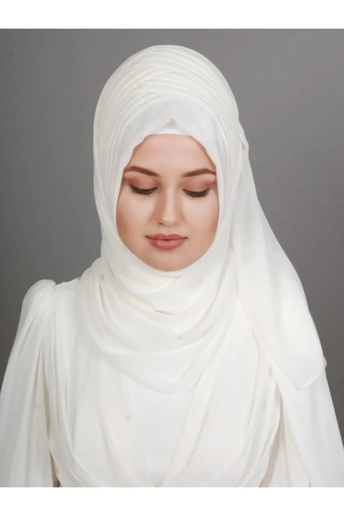 Ecru Chiffon Bridal Hijab, Ready to Wear Muslim Wedding Turban - image 4
